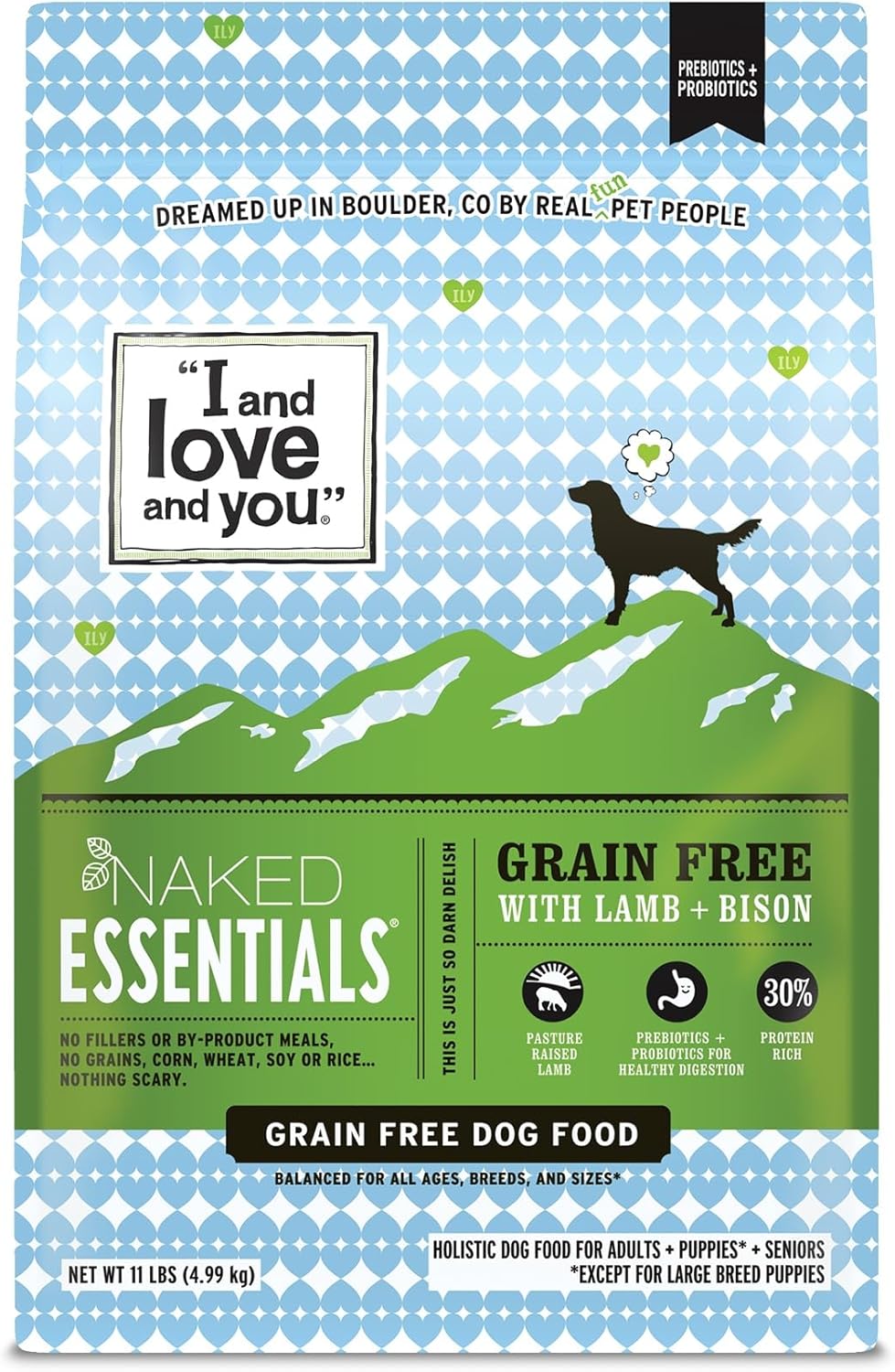 I and love and you Naked Essentials Dry Dog Food - Lamb + Bison - High Protein, Real Meat, No Fillers, Prebiotics + Probiotics, 11lb Bag Lamb + Bison 11 Pound (Pack of 1)