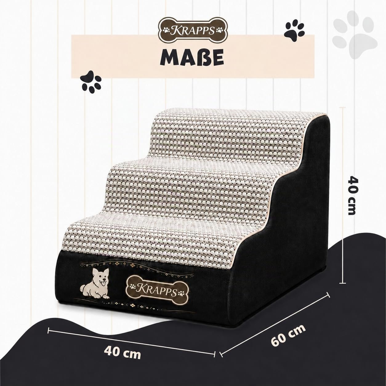 Hundetreppe für kleine Hunde mit Tierhaarentferner-Handschuh und Pfotenreiniger - Katzentreppe für Sofa und Bett, rutschfest, wasserabweisend, mit waschbarem Bezug