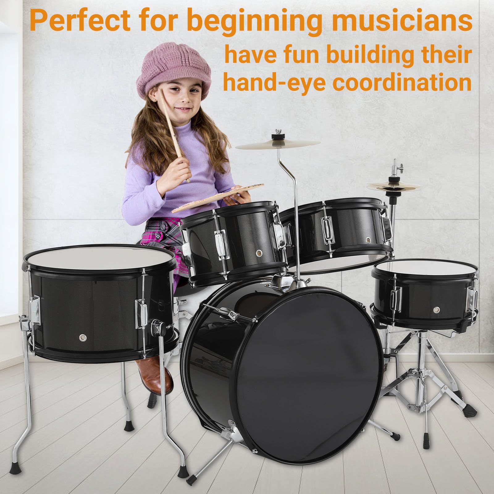 5-Teiliges Kinder-Schlagzeug, e-Drums Set, Junior-Schlagzeugset Mit Bassdrum, Snare, 2 Toms, Becken, Hi-Hat, Hocker, Trommelstöcken Und Pedalen, Musikalisches Geschenk Für Anfänger Ab 4 Jahren