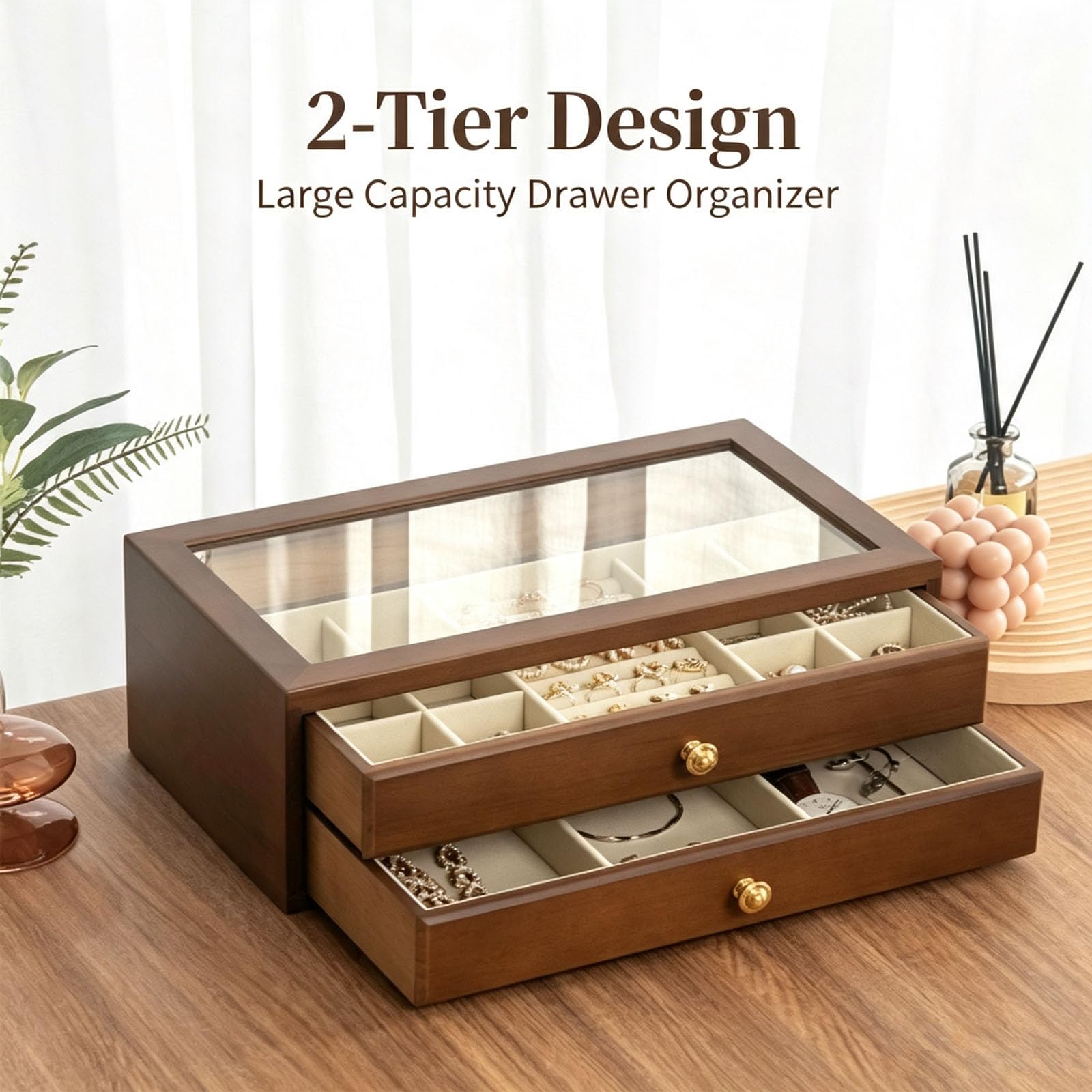 Dos cajones extraíbles con múltiples compartimentos divididos personalizados. Ranuras para anillos, rejillas cuadradas para pendientes colgantes, gran espacio abierto para pulseras, brown brown lining