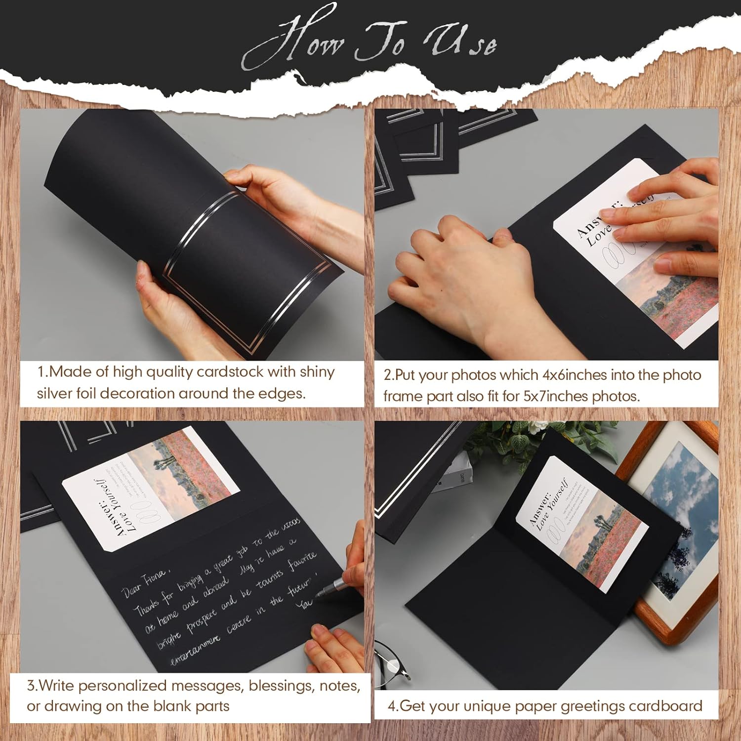 Fainne 150 Pcs Photo Folders for 4x6 or 5x7 Pictures Photo Frame Note Cards Paper Greetings Cardboard Inserts Cards Picture Insert Notecard for Portraits(Black, Gold Lining)