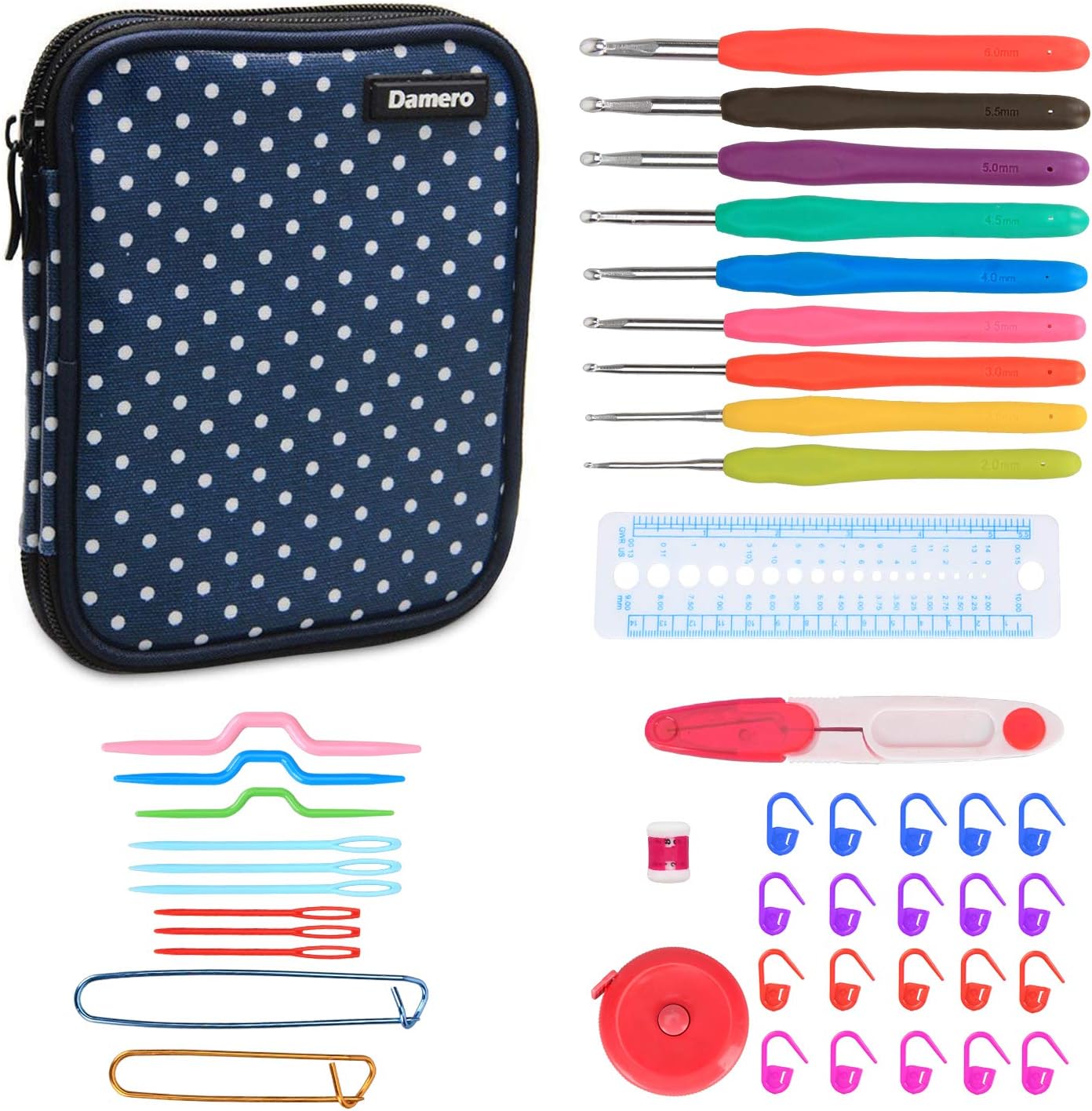 Damero Ergonomic Crochet Hooks Set, Travel Organizer Case with 9pcs 2mm to 6mm Soft Grip Crochet Hooks and Accessories, Compact and All in One, Perfect Size for Quick Grab-and-Go