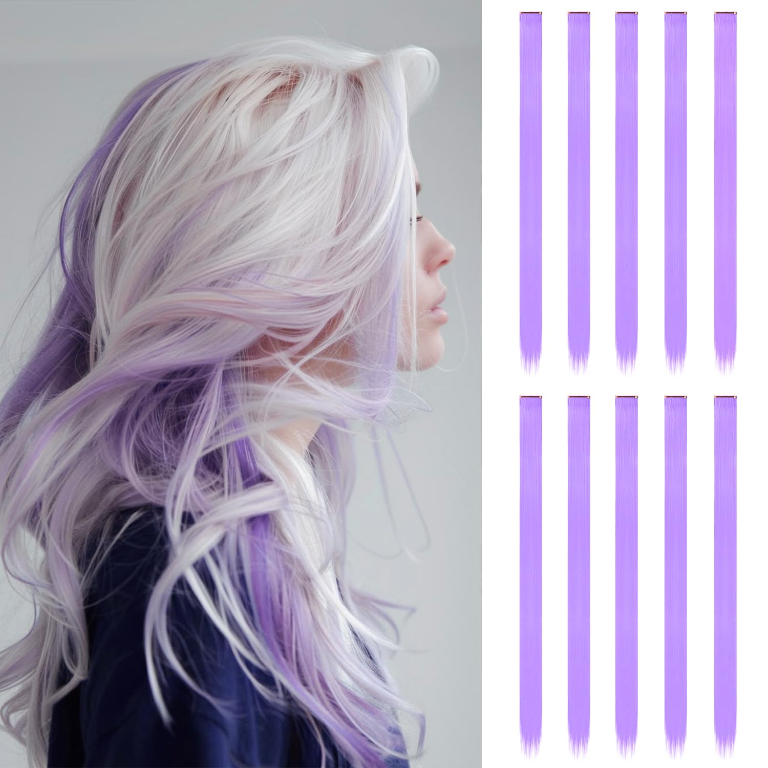 10 Pcs Purple Hair Extensions, Light purple, 55 cm