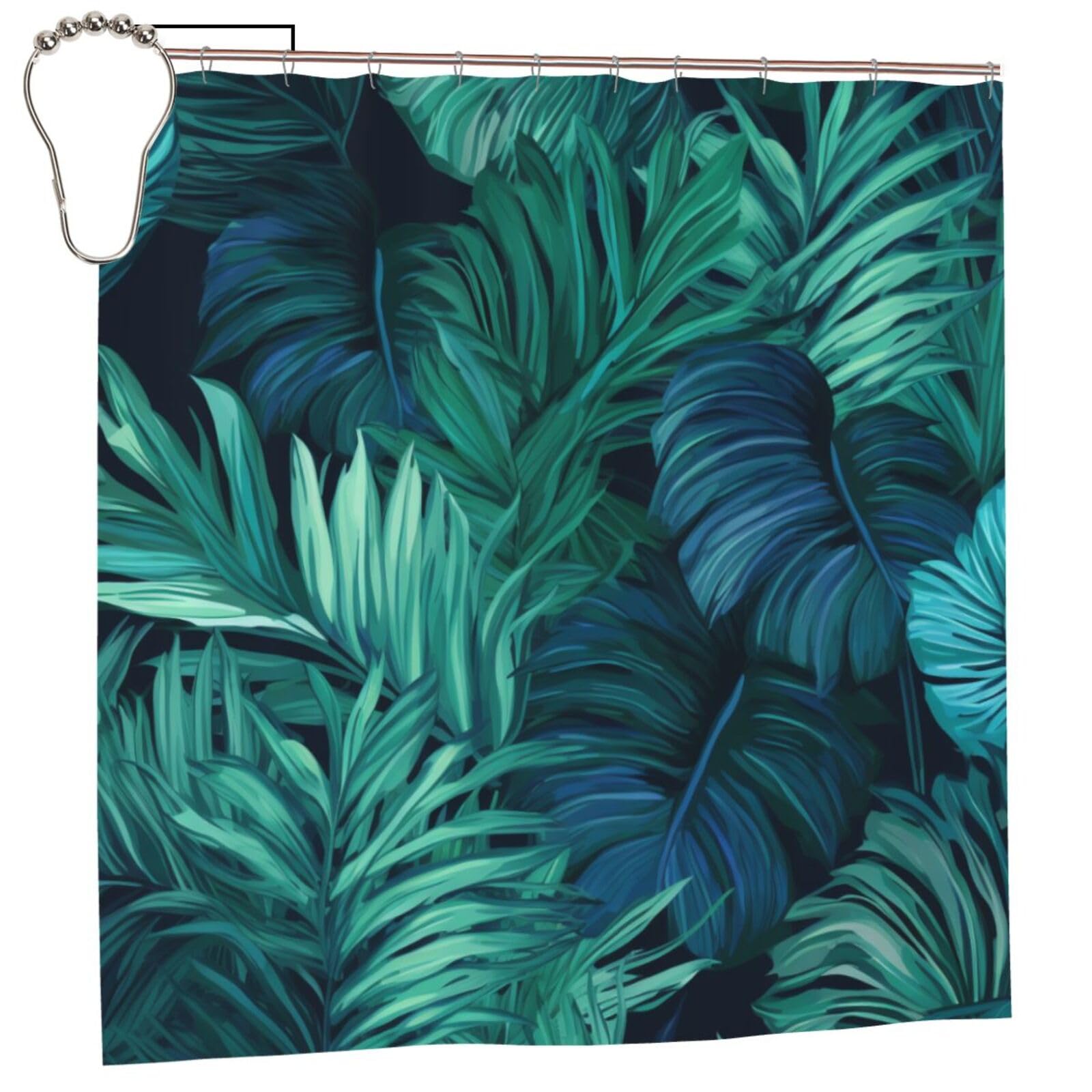 BWWHCCTI Tropical Palm Leaves Printed Shower Curtain With 12 Iron Hooks Opaque Quick Drying Waterproof Shower Curtains Sets For Bathroom 183x183 CM