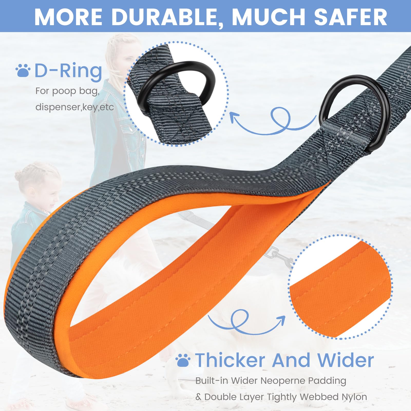 Correa para grandes perros con costuras reflectantes y 2 asas acolchadas de tráfico, correa para mascotas, cuerda para perros para caminar y entrenar (negro 1 paquete 46cm x 2.5cm)