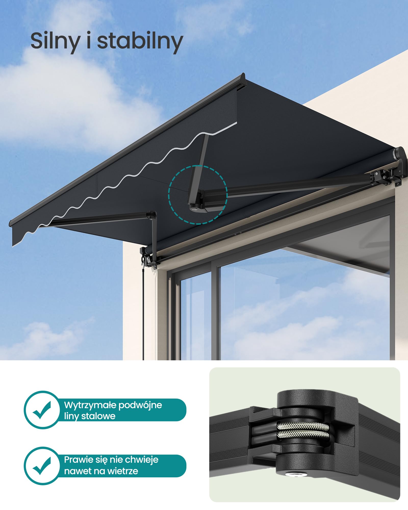 SONGMICS Markiza balkonowa z ramieniem składanym, z korbą ręczną, UPF 50+, stop aluminium, regulowana, 250 x 200 cm, szara GSA256GZ01