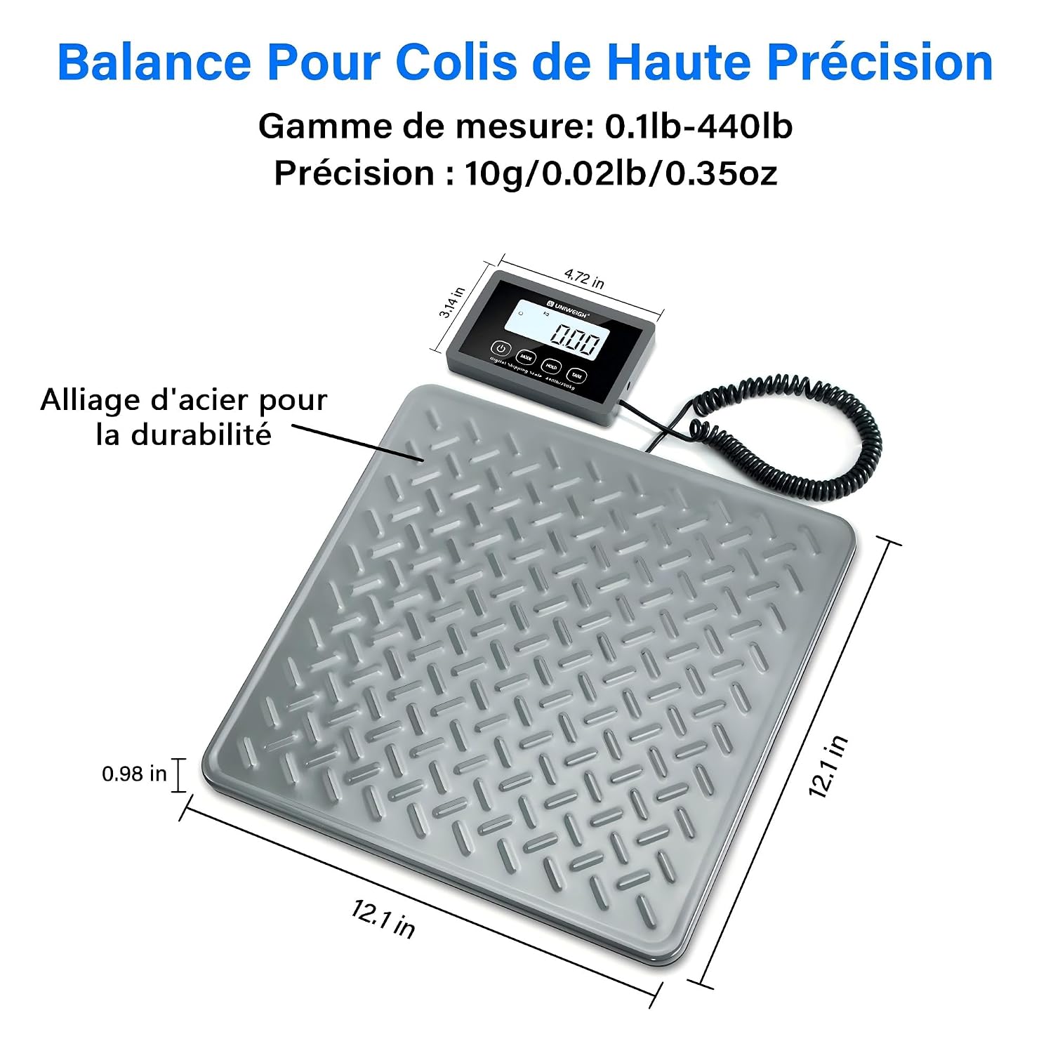 Detailed view of the UNIWEIGH Digital Parcel Scale showing the alloy steel platform and the separate display unit with dimensions. The platform measures 12.1 x 12.1 inches and is 0.98 inches thick. The display unit measures 3.14 x 4.72 inches.