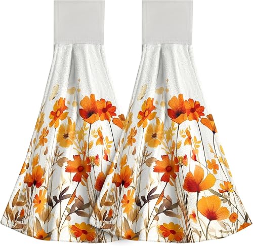 Toallas de cocina colgantes de flores silvestres otoñales, hojas de flores naranjas de otoño, casa de campo, tela absorbente de secado a mano,