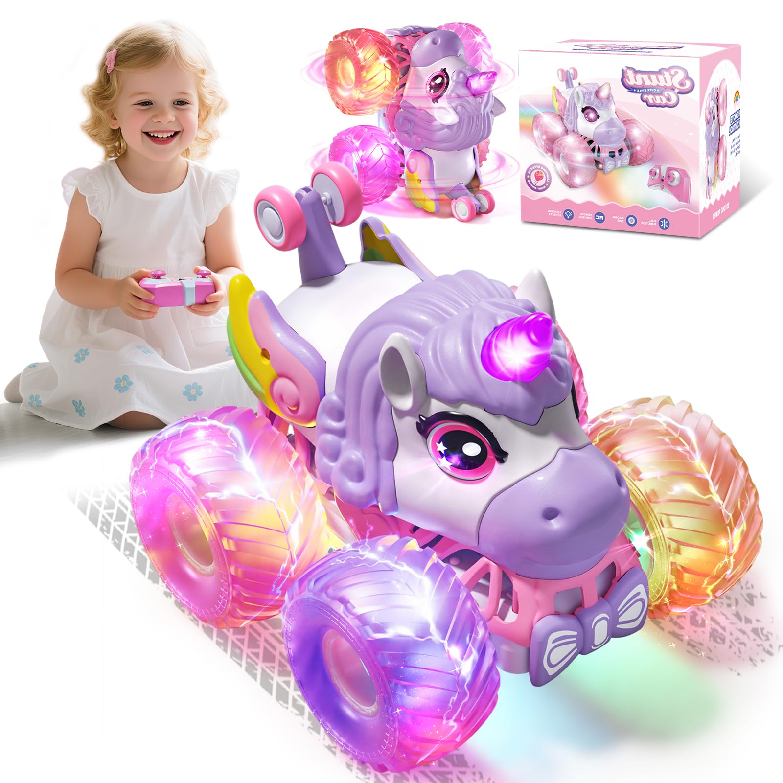 Auto telecomandata ragazza dai 3 4 5 6 anni in su, 1/20, monster truck telecomandato con musica e luce, 2,4 GHz Monster Truck con rotazione a 360°, regalo unicorno per ragazze dai 3 4 5 6 8 10 anni