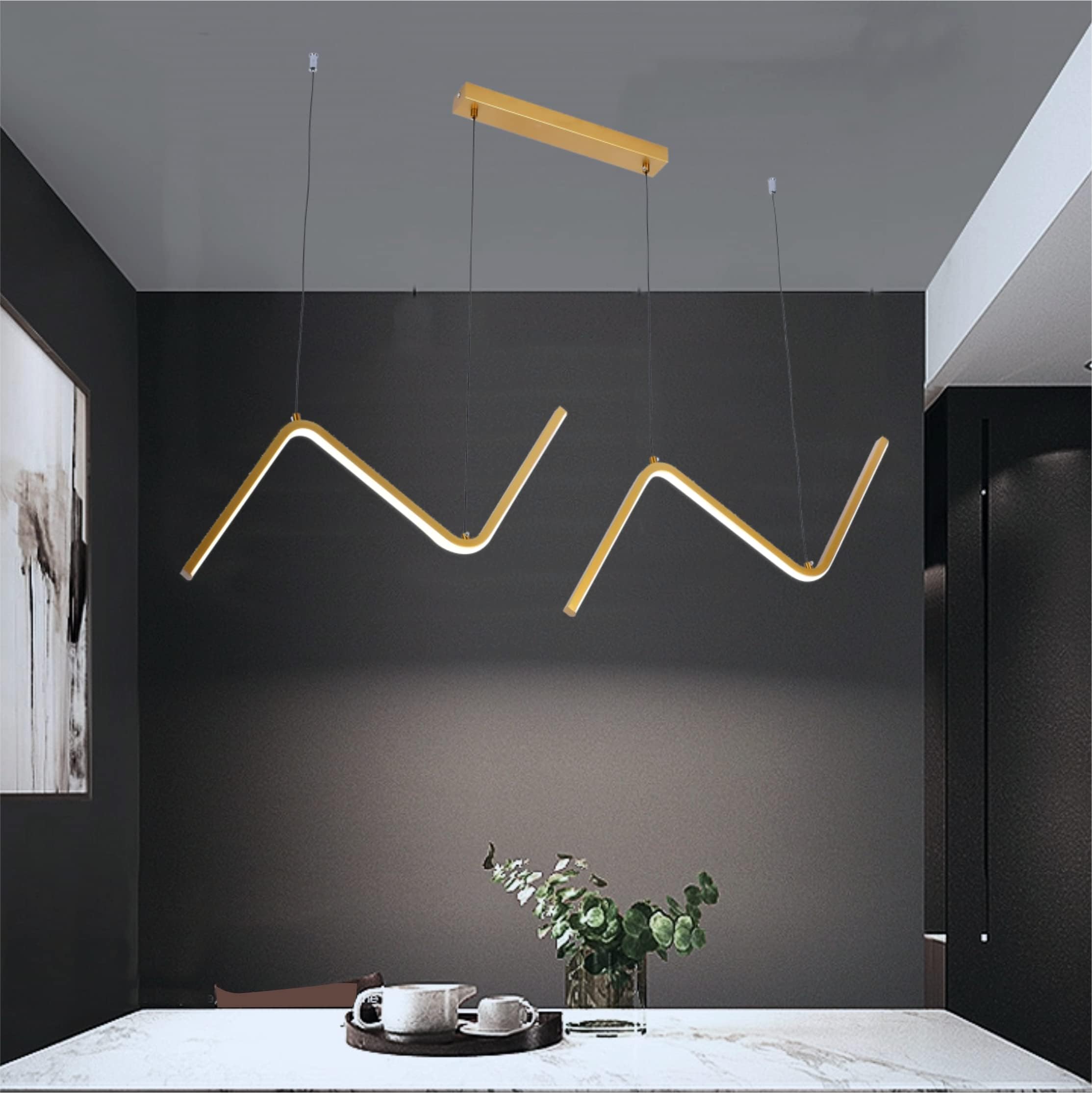 V.MAX Modern Wavy Linear Chandelier - 66 cm Adjustable Shape With 3-Color LED Light, Smart LED Acrylic Gold Lighting for Cloakroom