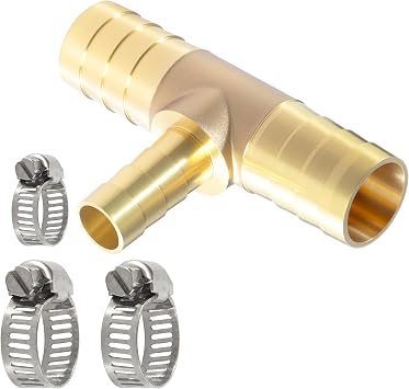5/8" X 3/8" X 5/8" Brab Reducing Tee Brass Barb Fittings with Stainless Steel Pipe Clamps for Gas/Fuel/Air