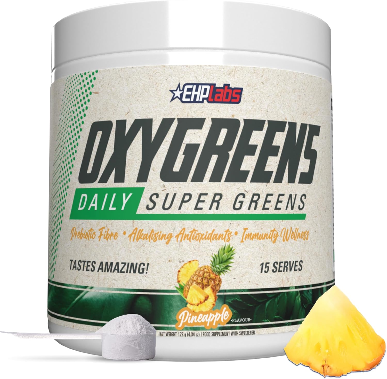 EHP Labs OxyGreens Super Greens Powder with Spirulina & Chlorella, Prebiotic Fiber, Probiotics & Digestive Enzymes – Antioxidant Green Superfood Supplement - 15 Serves (Pineapple)