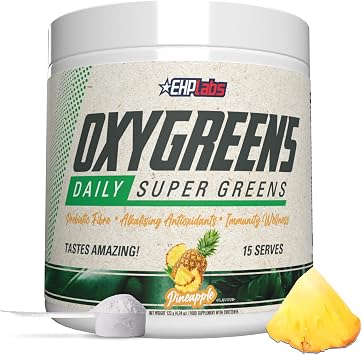 EHP Labs OxyGreens Super Greens Powder with Spirulina & Chlorella, Prebiotic Fiber, Probiotics & Digestive Enzymes Antioxidant Green Superfood Supplement - 15 Serves Pineapple