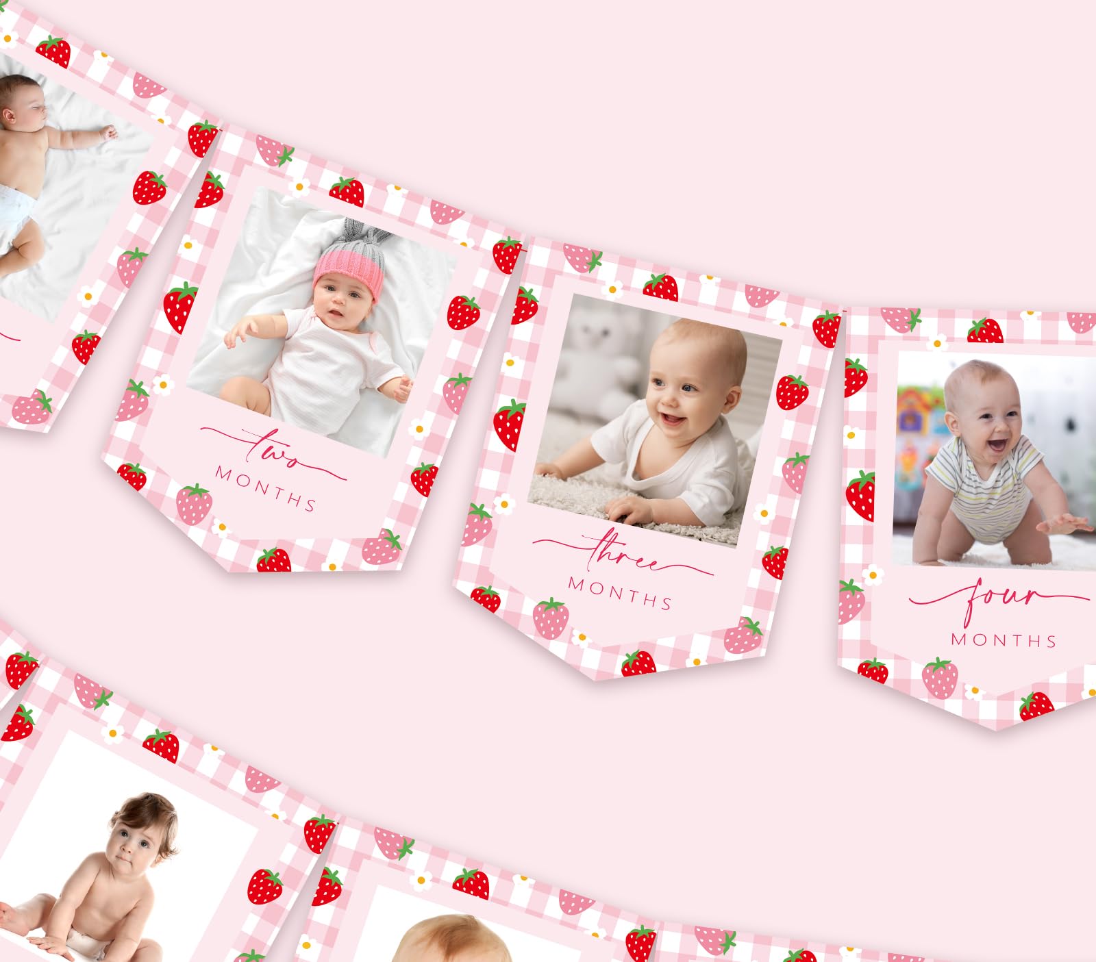 JarThenaAMCS 2Pcs Strawberry Photo Banners Pink Red Plaid Daisy Strawberry Banner Newborn to 12 Months Picture Display Garland for 1st Birthday Decoration