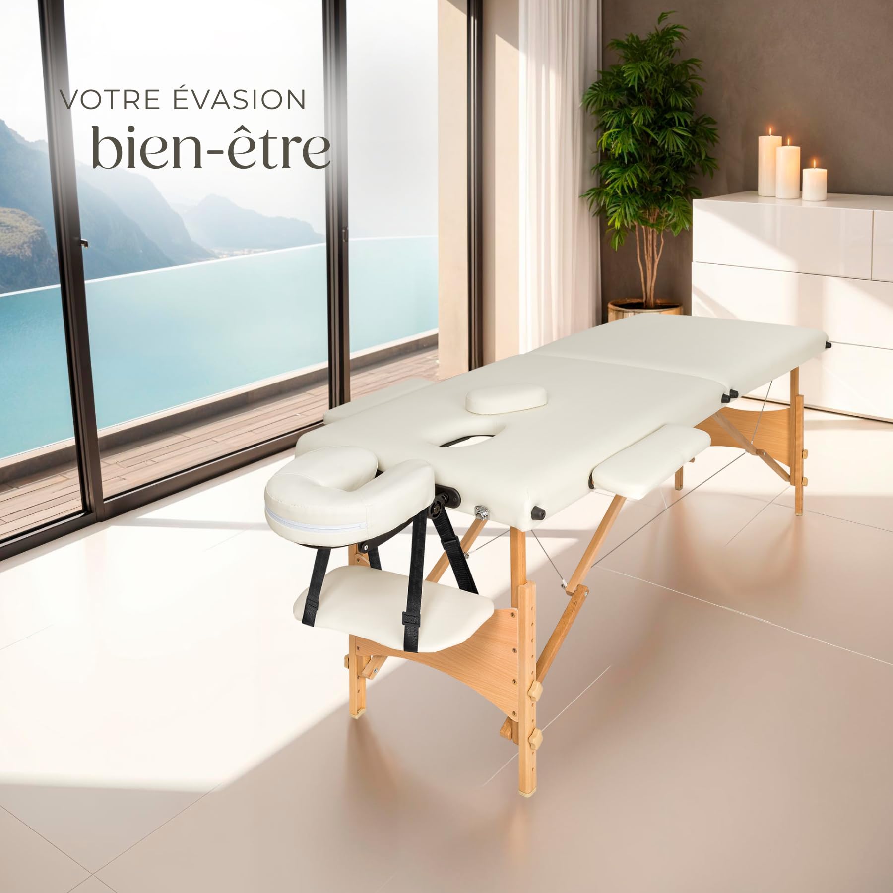 tectake Table de Massage 2 Zones Pliante Cosmetique Lit de Massage Table Esthetique Tatouage Portable avec Repose Bras, Housse de Transport Incluse - Beige