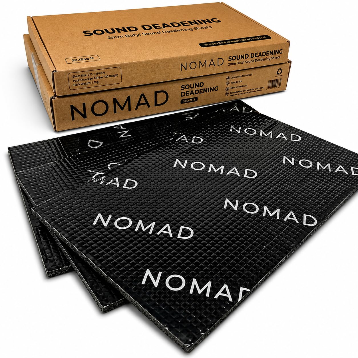 Nomad Black Sound Deadening 20 Sheets Car Van Campervan, Self Adhesive Mat 2Mm Thick, 1.9 Sq.m (20 Sq.ft), Vibration Damping Sound Deadener For Car Boot, Door, Floor, Roof & Motorhome Panels