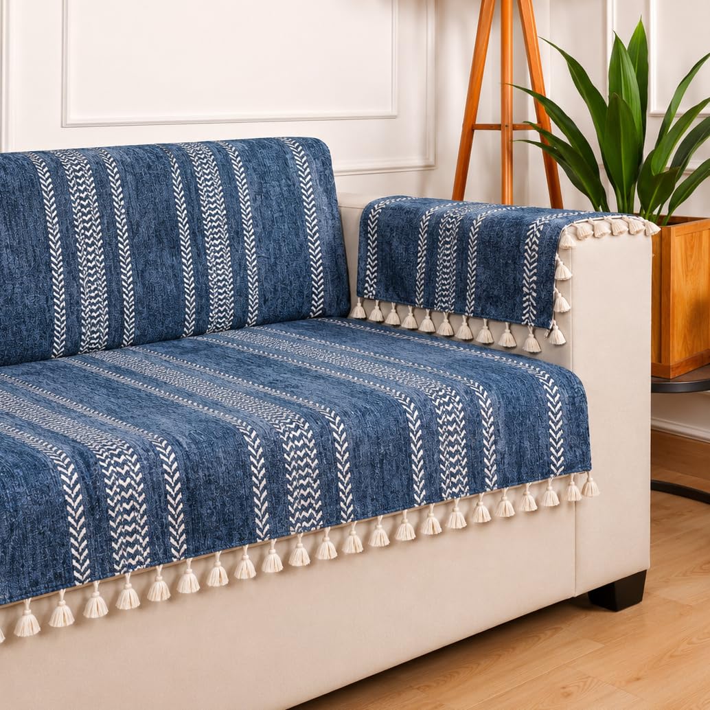 STITCHNEST Chenille Printed Sofa Cover 2 Seater with 2 Hand Rest Covers – Washable Blue Sofa Cover with Tassels – Durable Premium Fabric – Stylish Sofa Protector for Living Room & Furniture Decor