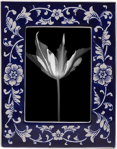 Mikasa Marco de fotos de cerámica con flores, muestra una foto de 5 x 7 pulgadas, azul y blanco