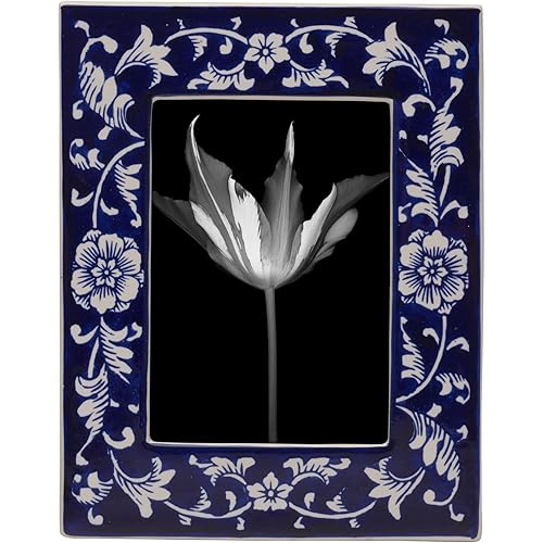 Mikasa Flower Ceramic Photo Frame, Displays one 5x7 Inch Photo, Blue and White