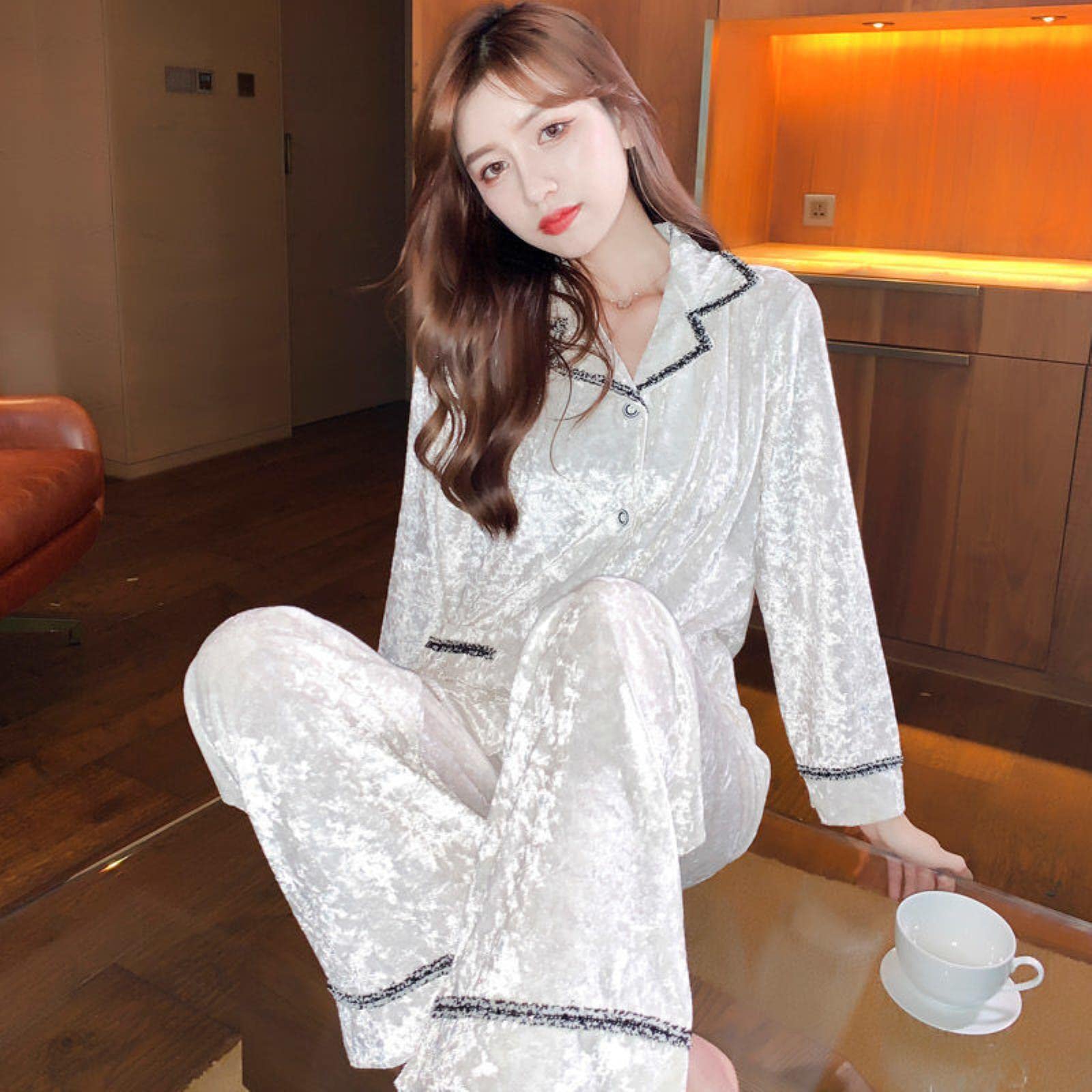 Pyjamas Nouvelles Femmes Home Vêtements Pyjamas Tops + Pantales Longue Lounge Portée Porte Vêtements Cardigan Cardigan