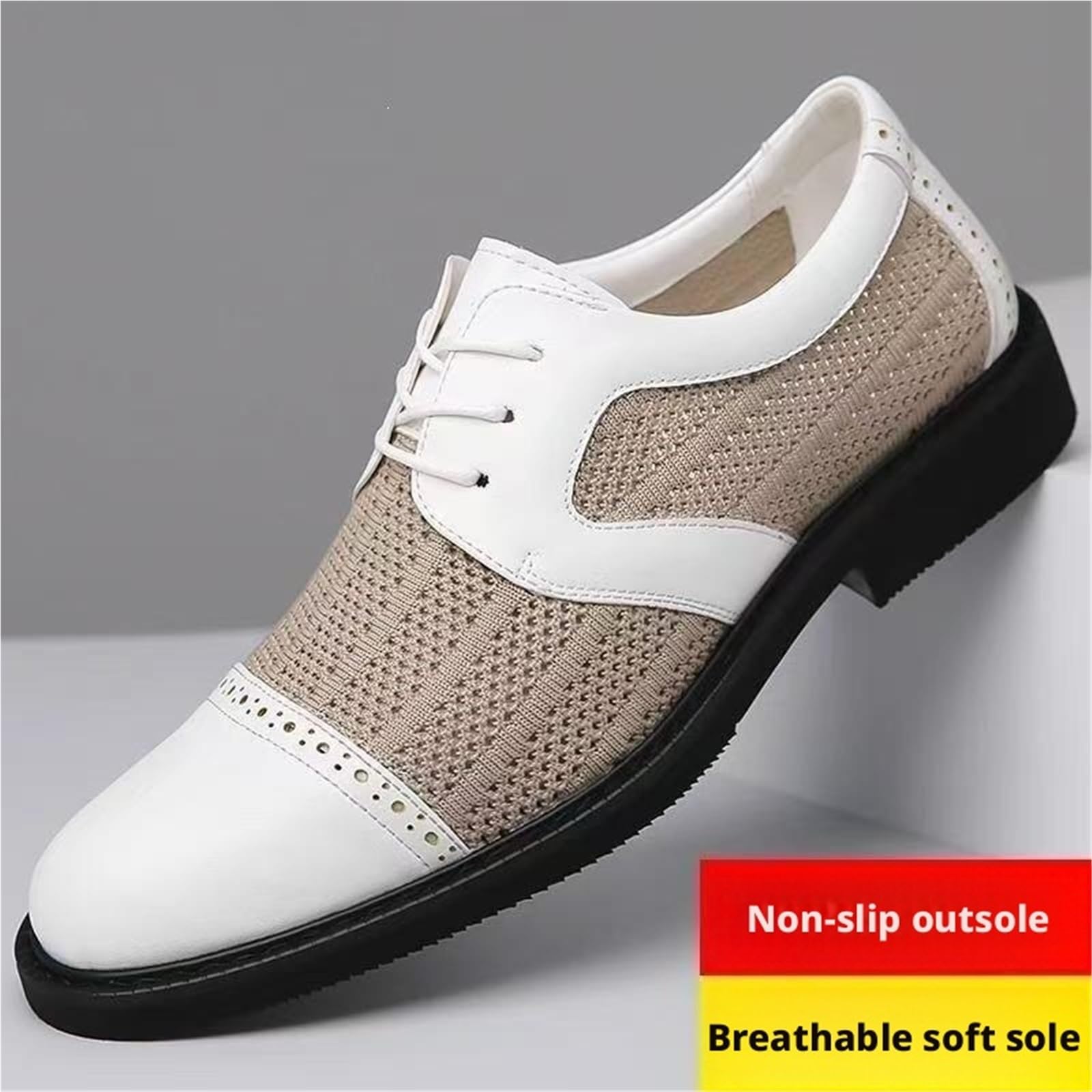 Zapatos de vestir hombre calados transpirables, Oxford casuales de malla y cuero con cordones, suela blanda antideslizante resistente al desgaste Negro Beige