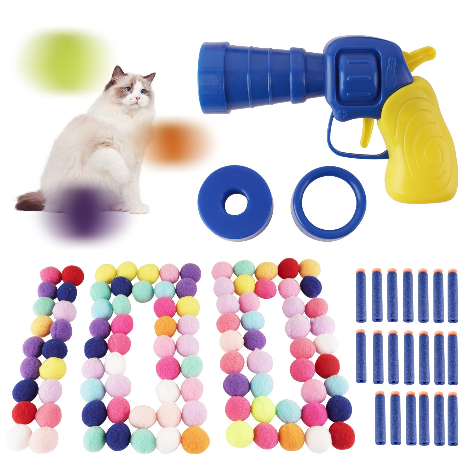 Cat Toy Balls, 1.2Inch Cat Pompom Ball and 1 Cat Ball Toy Launcher, Colorful and Soft Interactive Cat Balls, Active Cat Exercise Toys for Indoor Cats (A(100PCS))