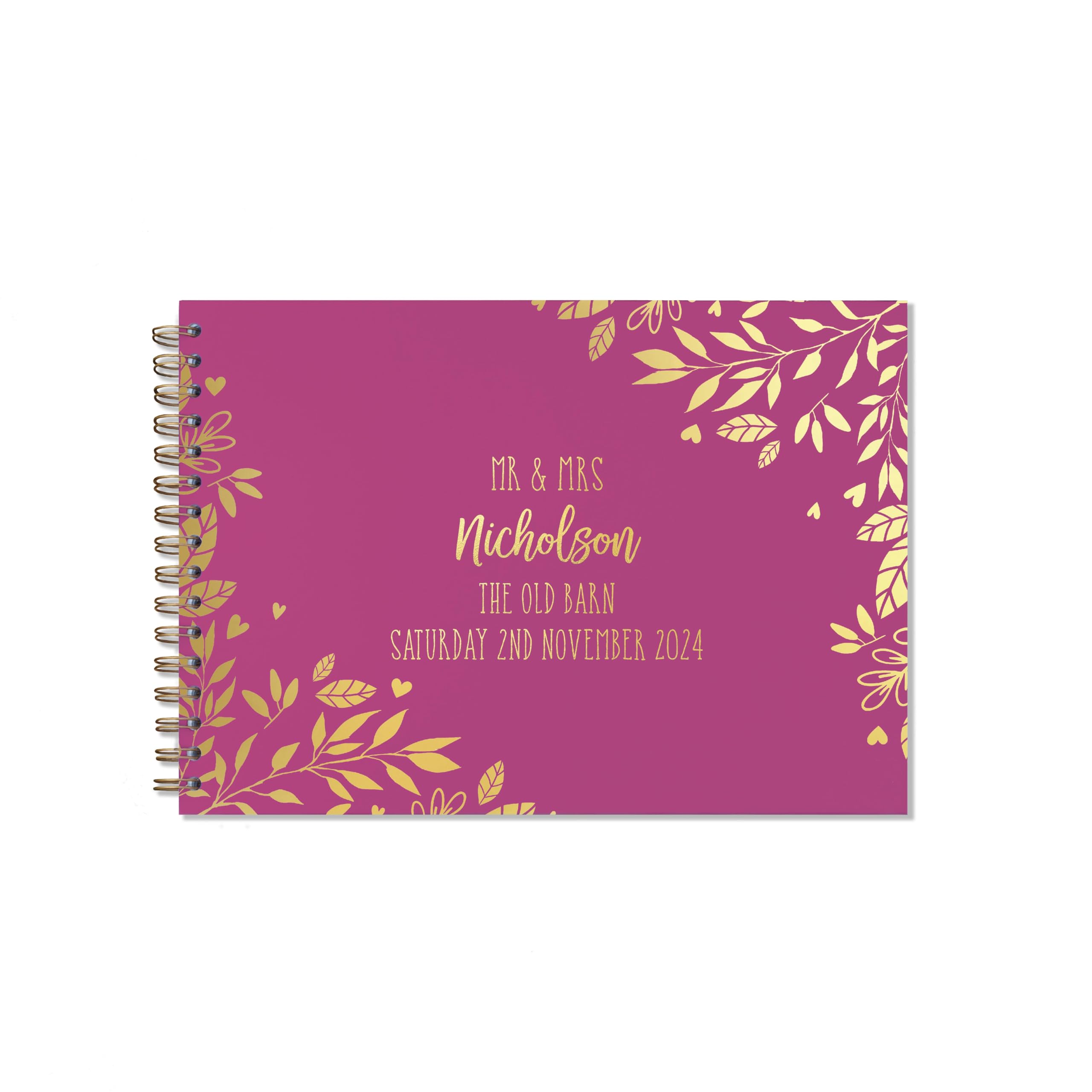 "Manta Makes Wedding Guest book personalised gold foil 26 colour choices A5 or A4, signing book wedding decorations for wedding reception, wedding books for guests to sign (A5, Cerise)"