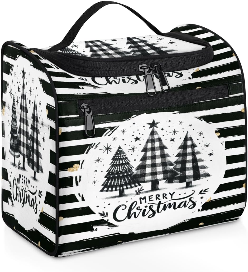 Toiletry Bag for Women, Christmas Tree Black And White Hanging Travel Toiletry Bag, Water-resistant Cosmetic Makeup Organizer for Toiletries and Cosmetics, Bathroom Shower Bag with Handle and Hook