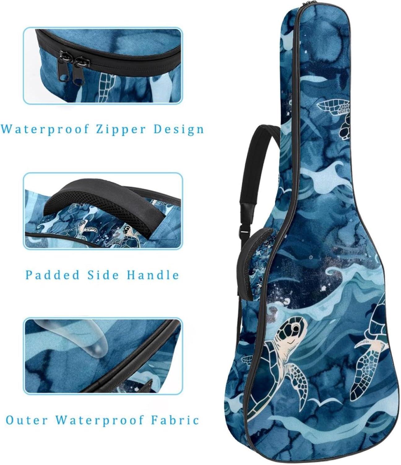 Acoustic Guitar Bag 0.4 Inch Thick Padding Waterproof Guitar Case Gig Bag for 40 41 42 Inch Electric Bass Classical Guitar, Ocean Turtles with Waves Pattern