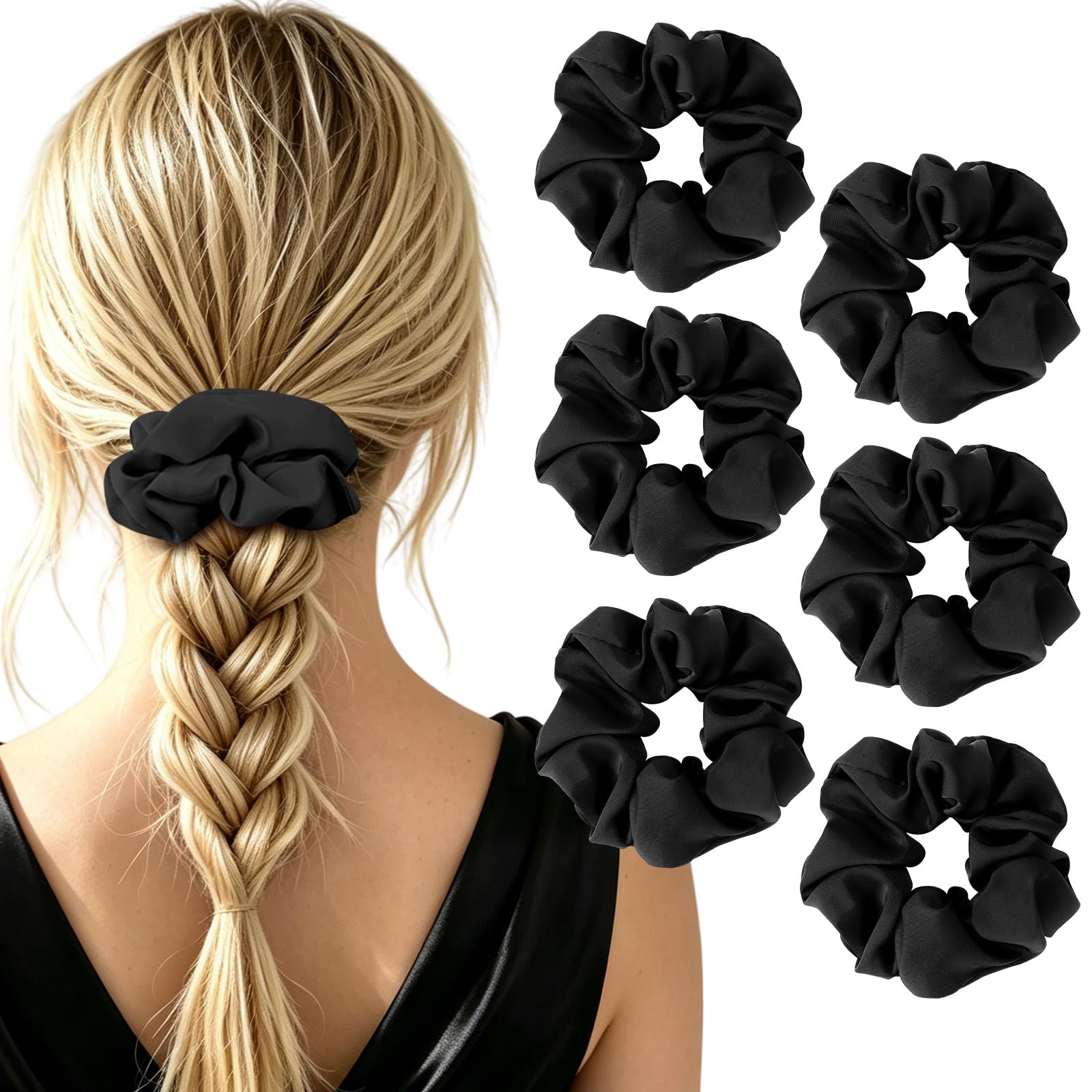 6Pcs Scrunchies for Women, Premium Satin Hair Scrunchies Sleep, Scrunchies For All Hair Types and Textures, Girls Ponytail Holders Hair Accessories -Black (Black)