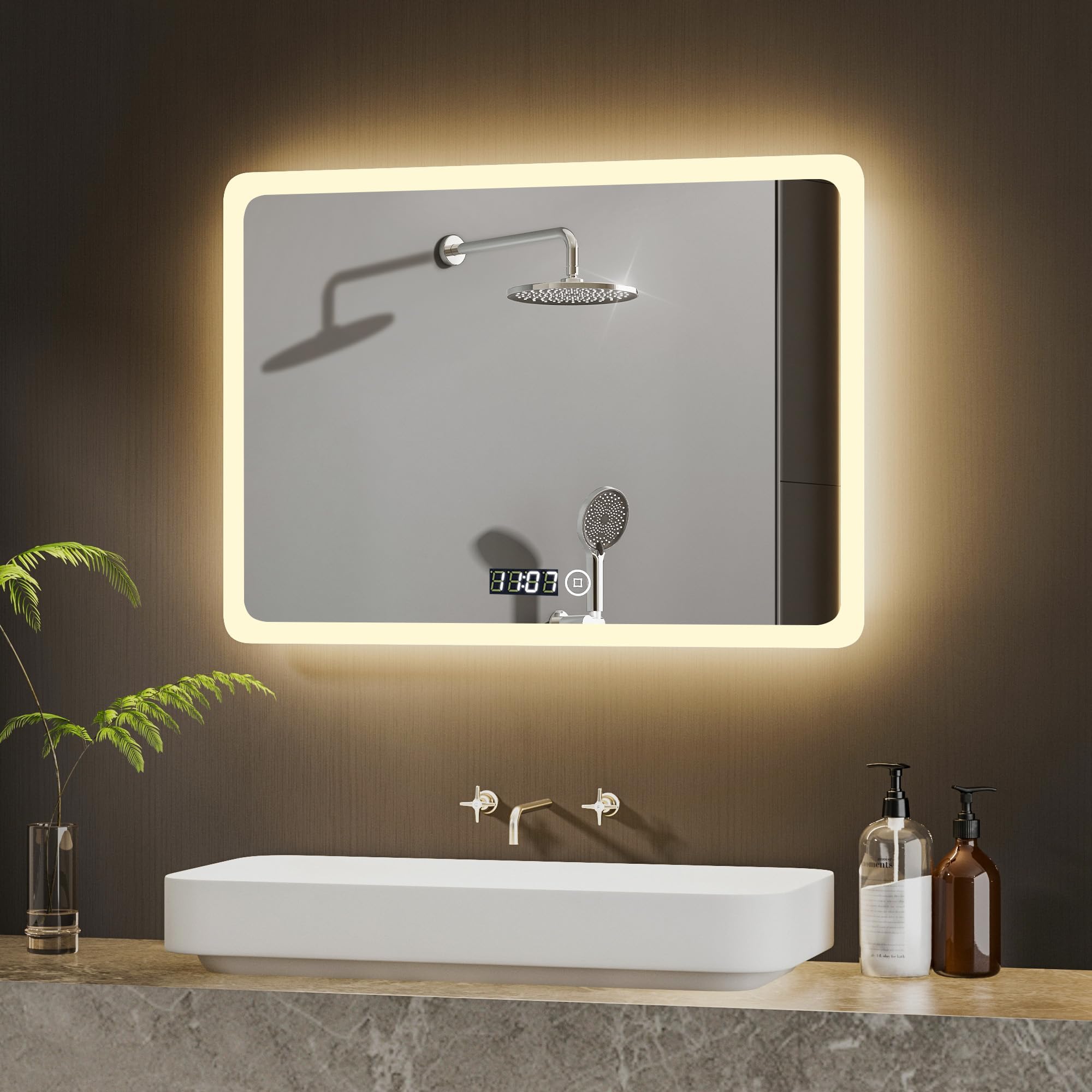 LED Wall Mirror 60 x 80 cm Bathroom Mirror with Lighting 3 Types of Light 3000-6500K Rectangular Bathroom Mirror with Clock and Touch Switch