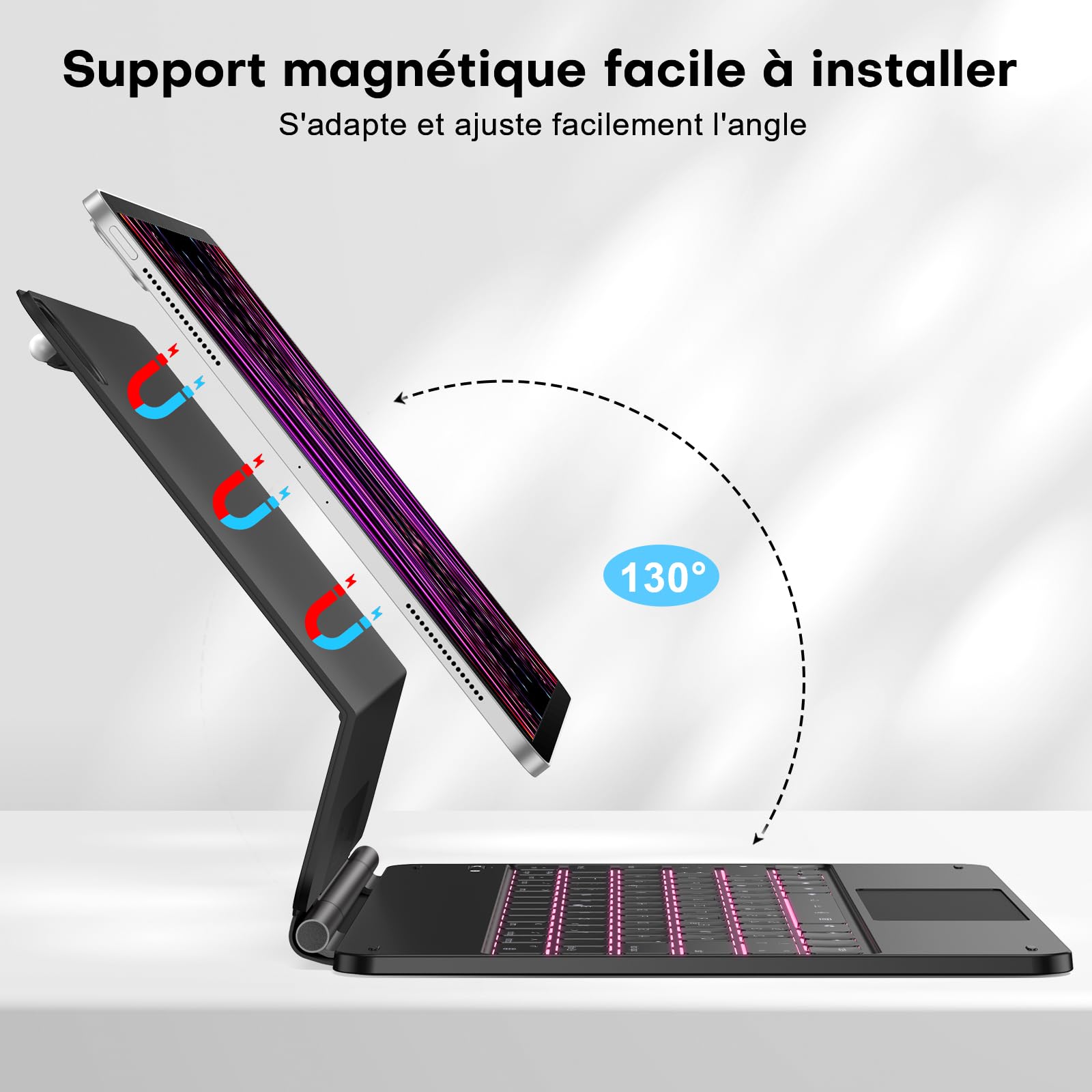 TECURS Clavier pour iPad Air 13" (M4/M3/M2, 2026/2025/2024) /Pad Pro 12.9 (6e, 5e, 4e, 3e gén), Magic Keyboard pour iPad Pro 12.9, AZERTY Étui Clavier Magnétique, Rétroéclairage 11 Couleurs, Noir