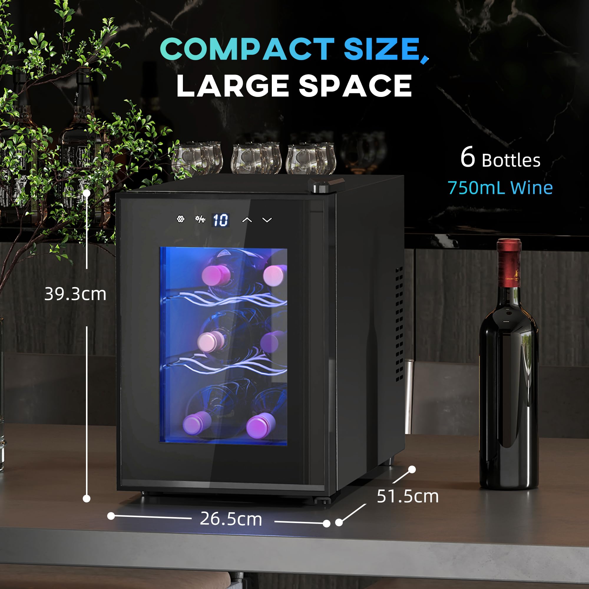HOMCOM Mini Table Top Wine Fridge, 6 Bottle, 17L, 8-18℃, 26.5cm Quiet Under Counter Wine Cooler Fridge with Glass Door, LED Light, Digital Touch Screen, Temperature Control — view 7