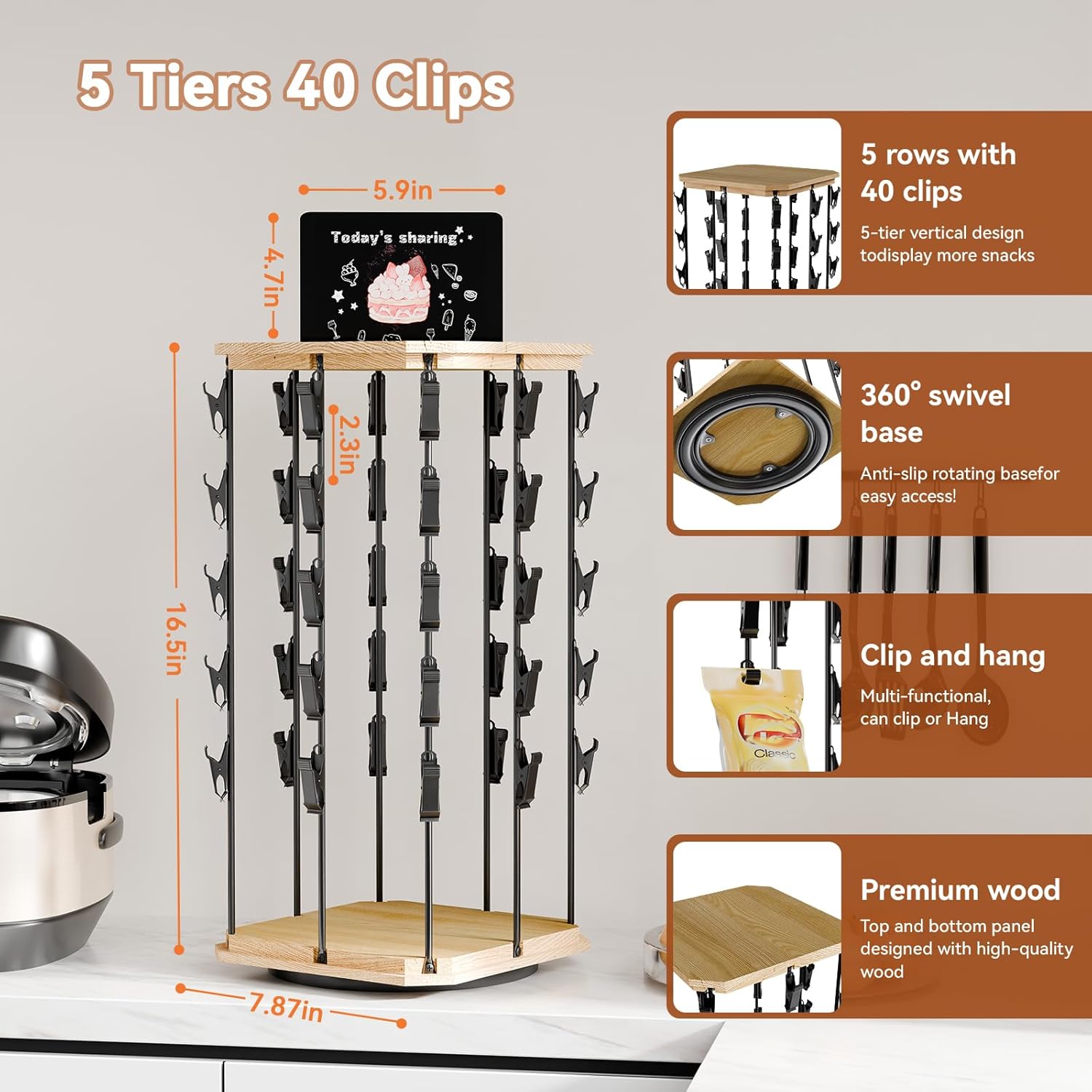 Chip Rack Display Stand, 5 Tiers 40 Clips Snack Organizer, 360°Rotating Wooden Base Chip Display Rack for Concession Stand, Countertop, Snack Stand, Party, With Message Board