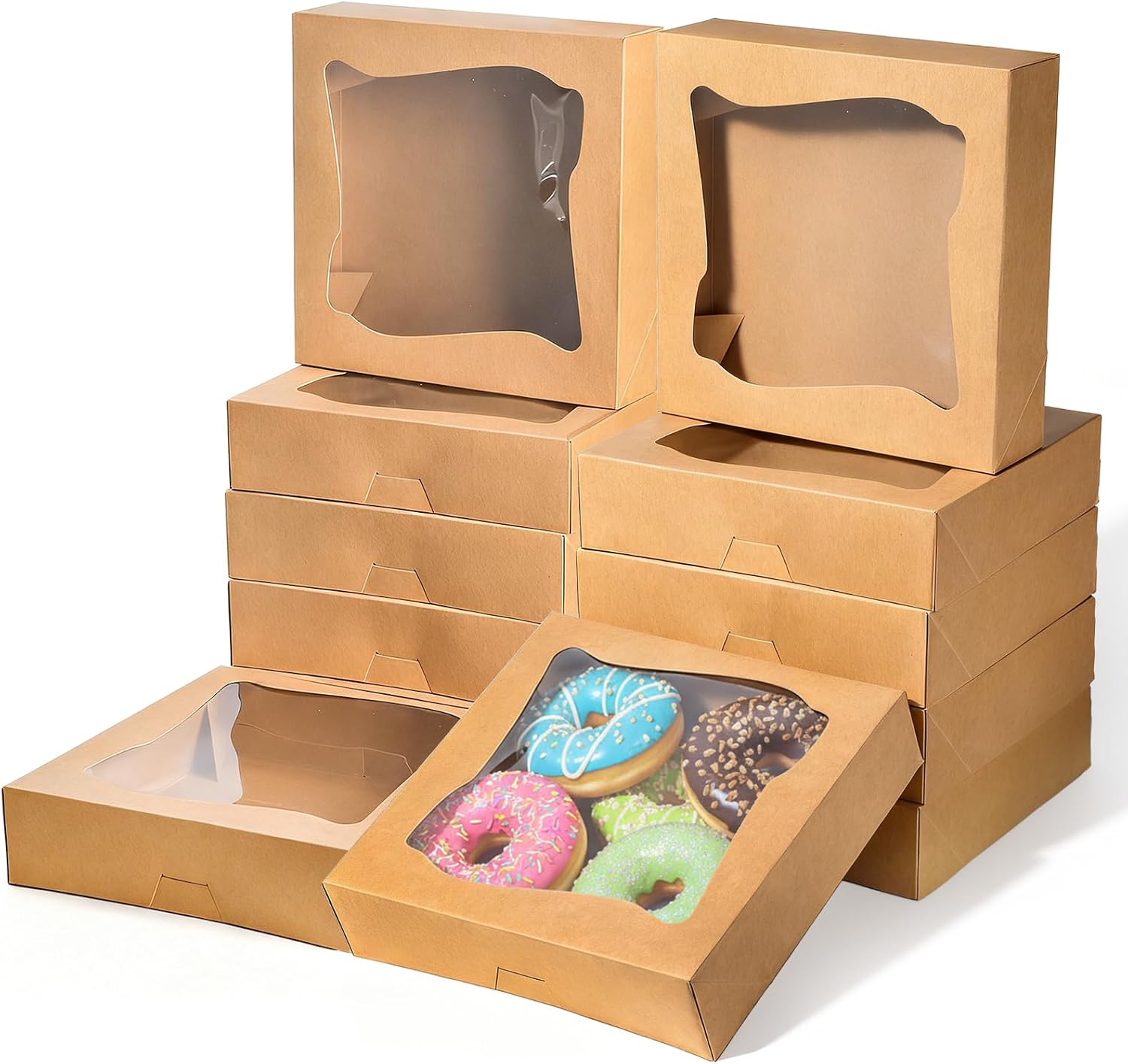 ZEAYEA 50 Pcs Pie Boxes 10" x 10" x 2.5", Brown Bakery Boxes with Window, Cookie Boxes for Pies, Donuts, Muffins, Pastries, Chocolate, Dessert
