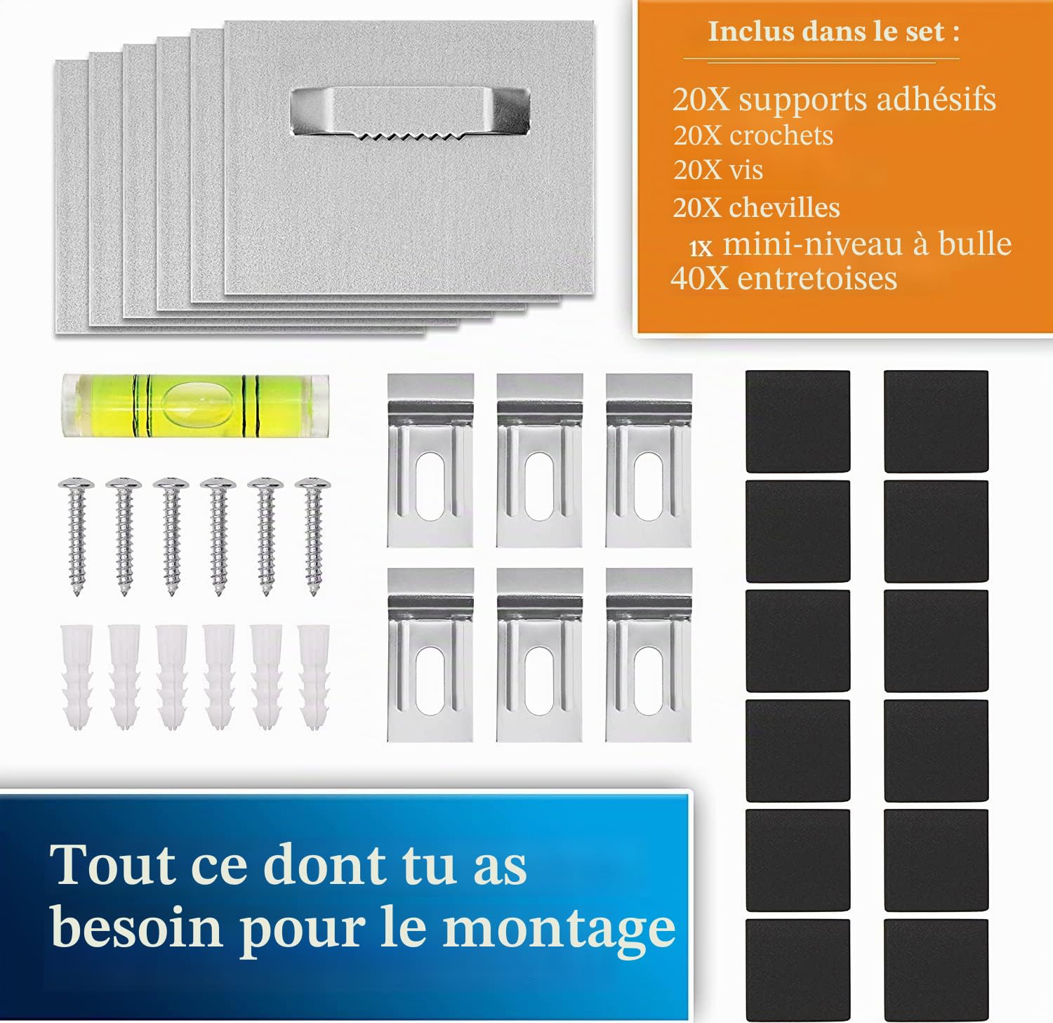 Lot de 20 crochets de suspension pour aluminium Dibond - Colle extra forte 3M - Kit de fixation pour miroirs, photos, miroirs - Tôles autocollantes pour photos