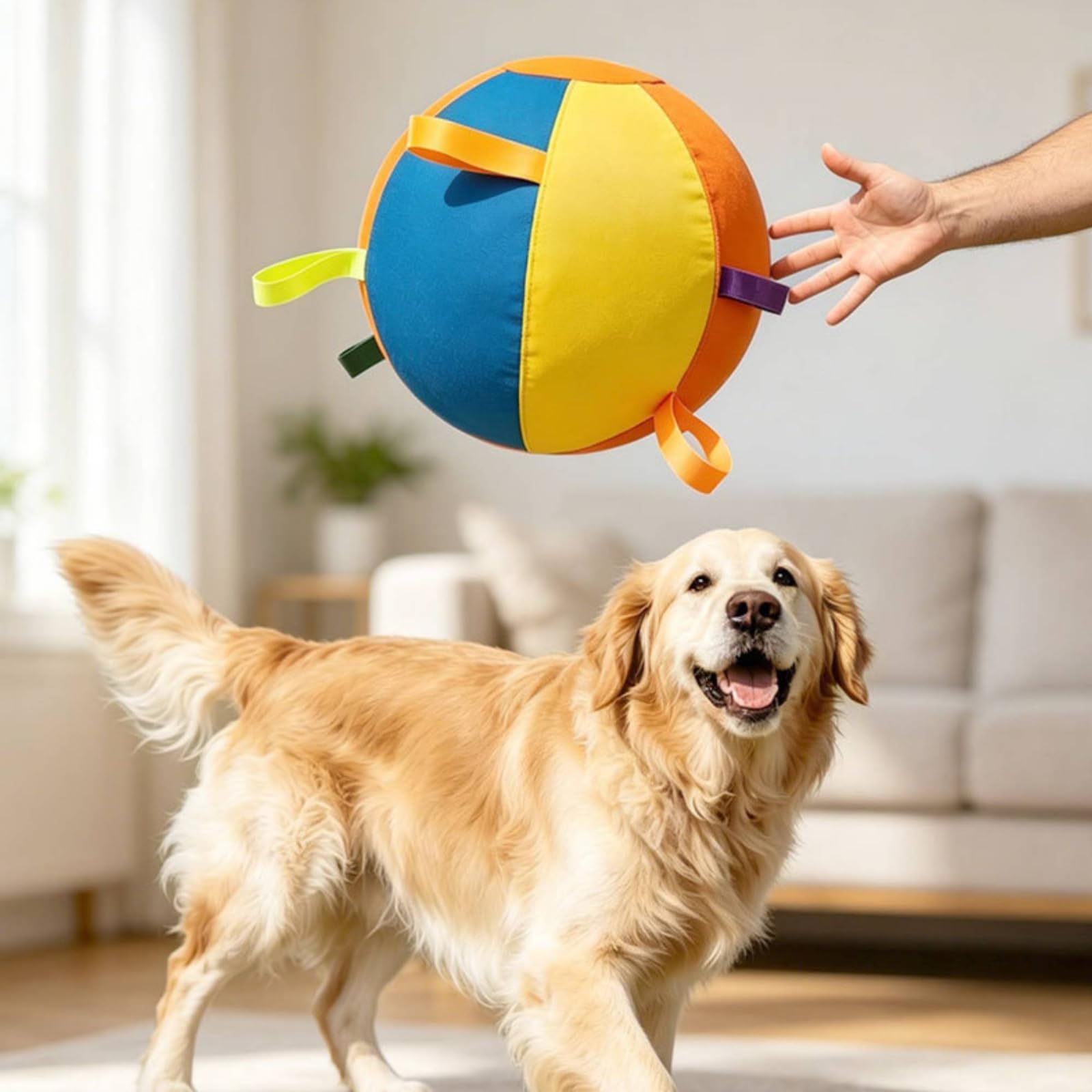 Balle d'Entraînement Canin Balle Interactive pour Chien avec Lanières Jouet de Tirage Sphère Gonflable en Tissu Oxford et Chambre à Air PVC Adaptée au, Multicolore, Grand 55cm