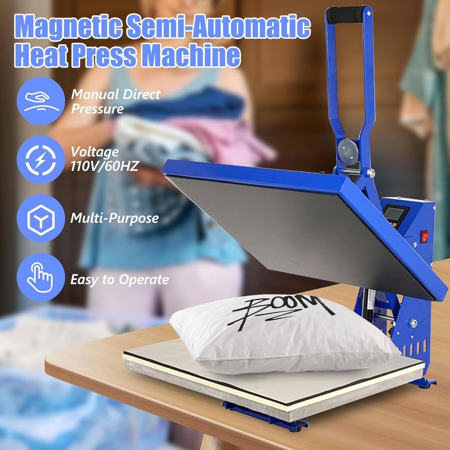 Pressa di calore, pressa di calore automatica aperta magnetica t-shirt per sublimazione, manopola di pressione regolabile, 40x50cm, versione a pressione diretta