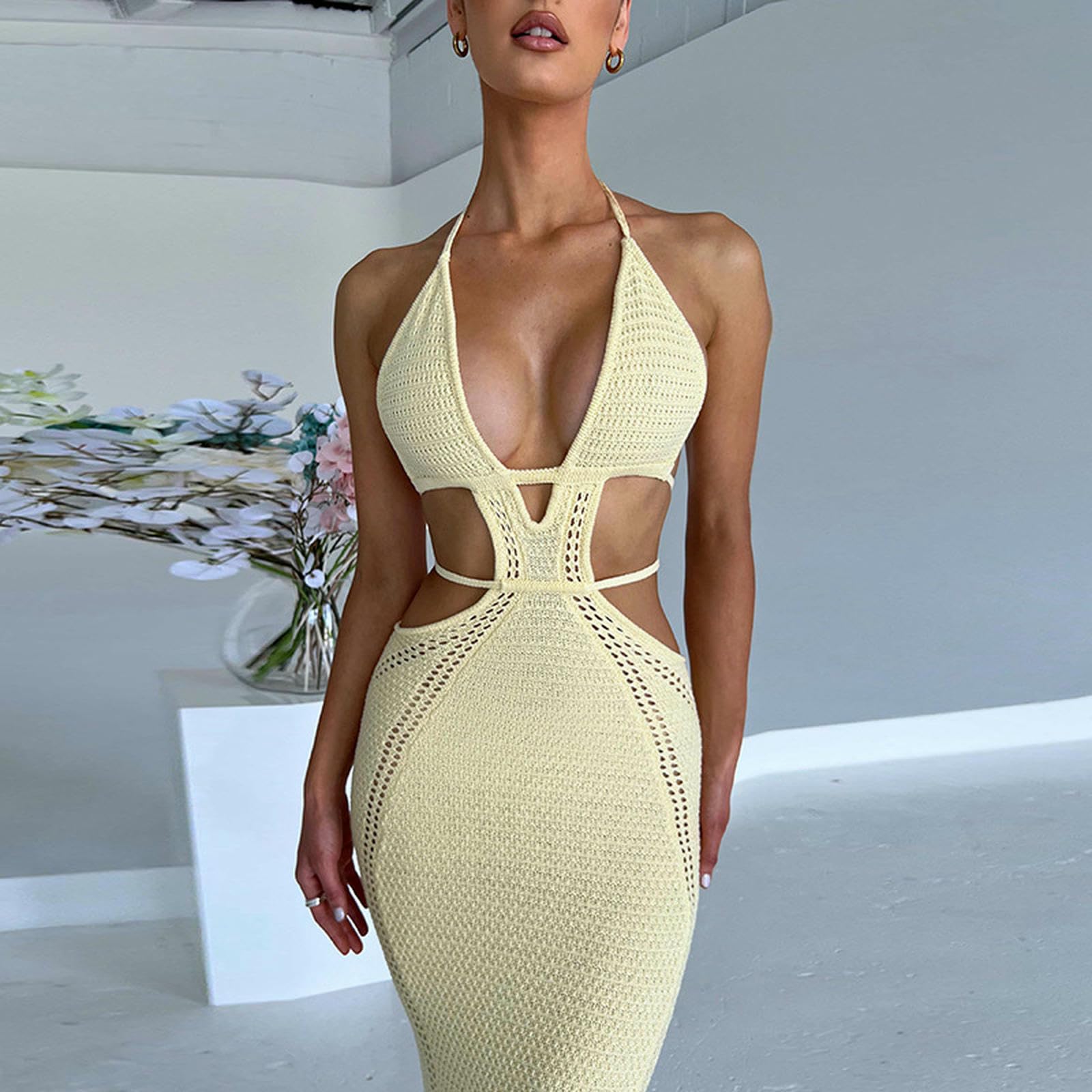 Sukienka damska elegancka bodycon szydełkowa sukienka z wiązaniem z tyłu cienka wydrążona sukienka wieczorowa długie sukienki maxi