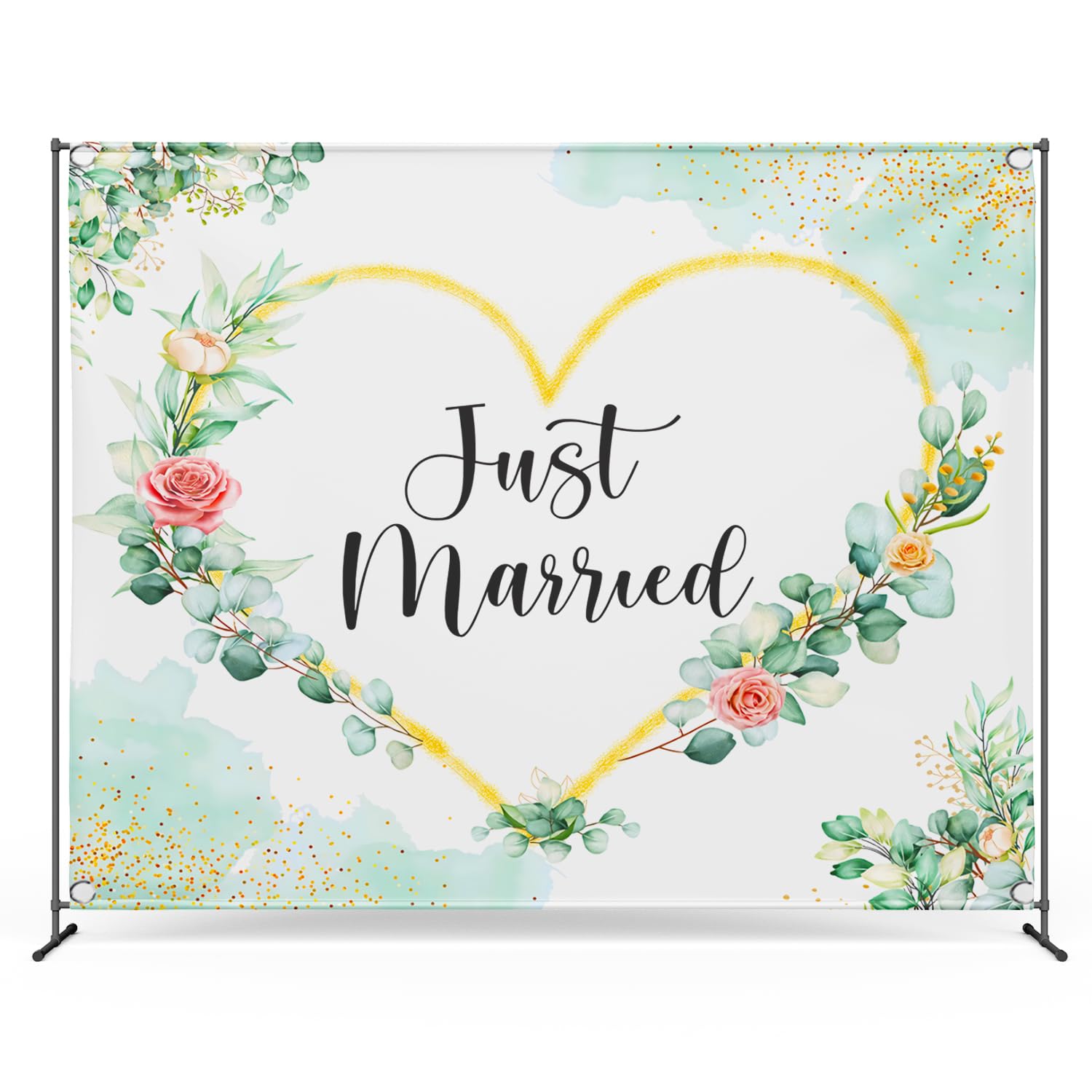 Zink Toile de Fond Photo Mariage - Toile de Fond Infroissable 1,4 m x 1,8 m pour Studio Photo, Motif Floral et Texte « Just Married »