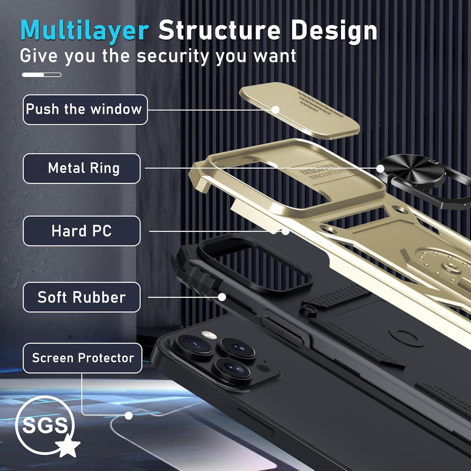 Janmitta Case for iPhone 12 & 12 Pro Phone Cover Built in Slide Camera Lens Cover+Screen Protector,Heavy Duty Shockproof Full Body PhoneCase with Finger Ring Holder Kickstand,Gold - Image 4