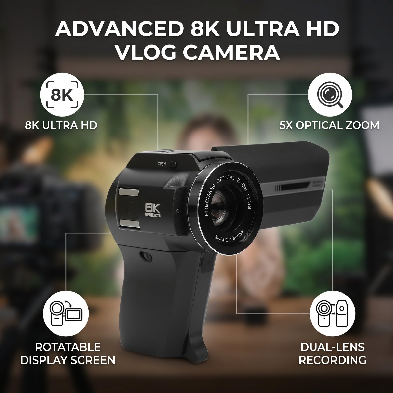 Videocamera 8K, Schermo Ruotabile a Doppio Obiettivo 75MP 8X Zoom Ottico Digitale 5X Videocamera per WiFi con Funzione Webcam, per Creatore di Contenuti Youtube
