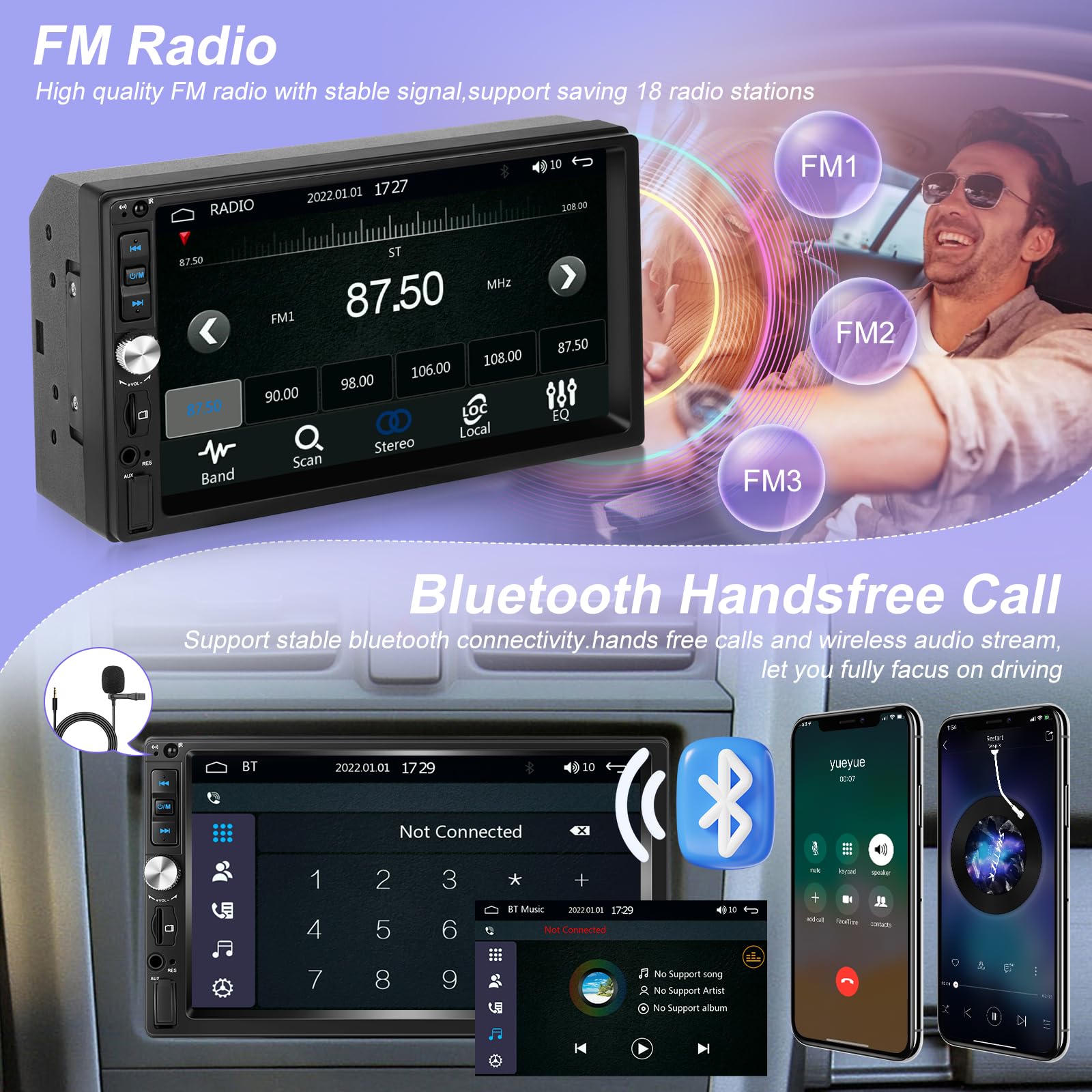 Autoradio 2 Din con Wired Carplay e Android Auto - Radio Touchscreen da 7 Pollici con EQ, Mirror Link, Bluetooth, Radio FM, SWC, Ingresso USB/AUX/SD + Telecamera di Backup