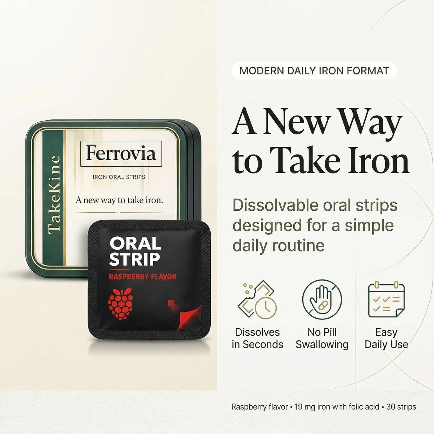 TakeKine Ferrovia Iron Oral Strips, Raspberry Flavor, 19 mg Iron with Folic Acid, 30 Count(1pc)
