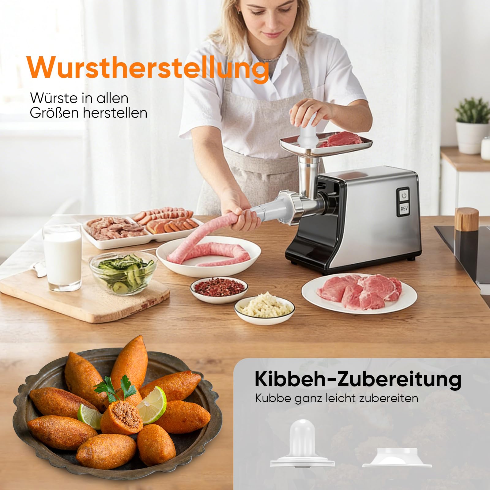 Fleischwolf Elektrisch, 3-in-1 Elektrischer Fleischwolf mit 3 Edelstahl-Spiralen, [2800W Max] Meat Grinder mit 3 Klingen, Kubbe-Kit, Wurstfüller für den Hausgebrauch