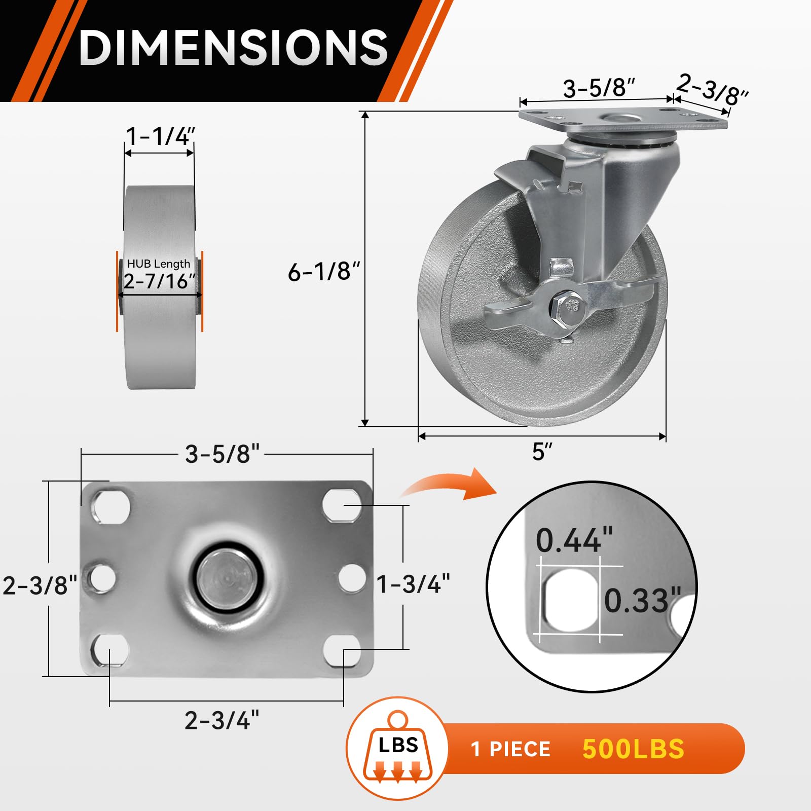 Ruote girevoli in ghisa semi-acciaio, 12,7 cm, set di 4 ruote resistenti con capacità di 907,2 kg, ruote in metallo per carrello da lavoro mobili