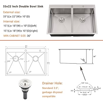 33 Inch Drop In Double Bowl Kitchen Sink - HACHENL 33×22