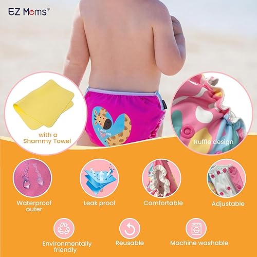 Miniatura 3 de EZ Moms Pañales de natación reutilizables para bebé, 2 unidades, talla única, ajustable, lavable, para recién nacidos, con una toalla de gamuza para