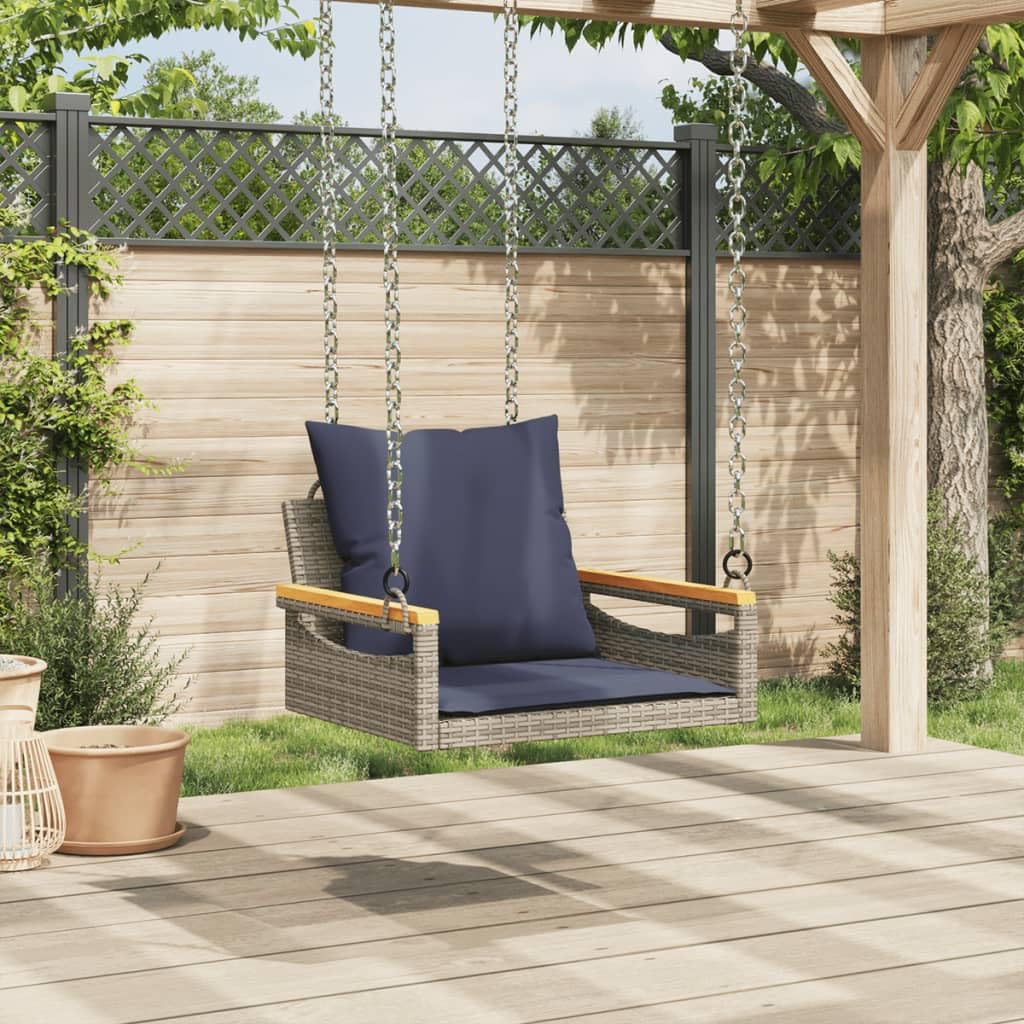 Hamaca colgante con cojín, gris, 63 x 62 x 40 cm, polirratán, resistente a la intemperie, banco balancín para jardín, balcón, terraza, con cómodos cojines y anillos de fijación para