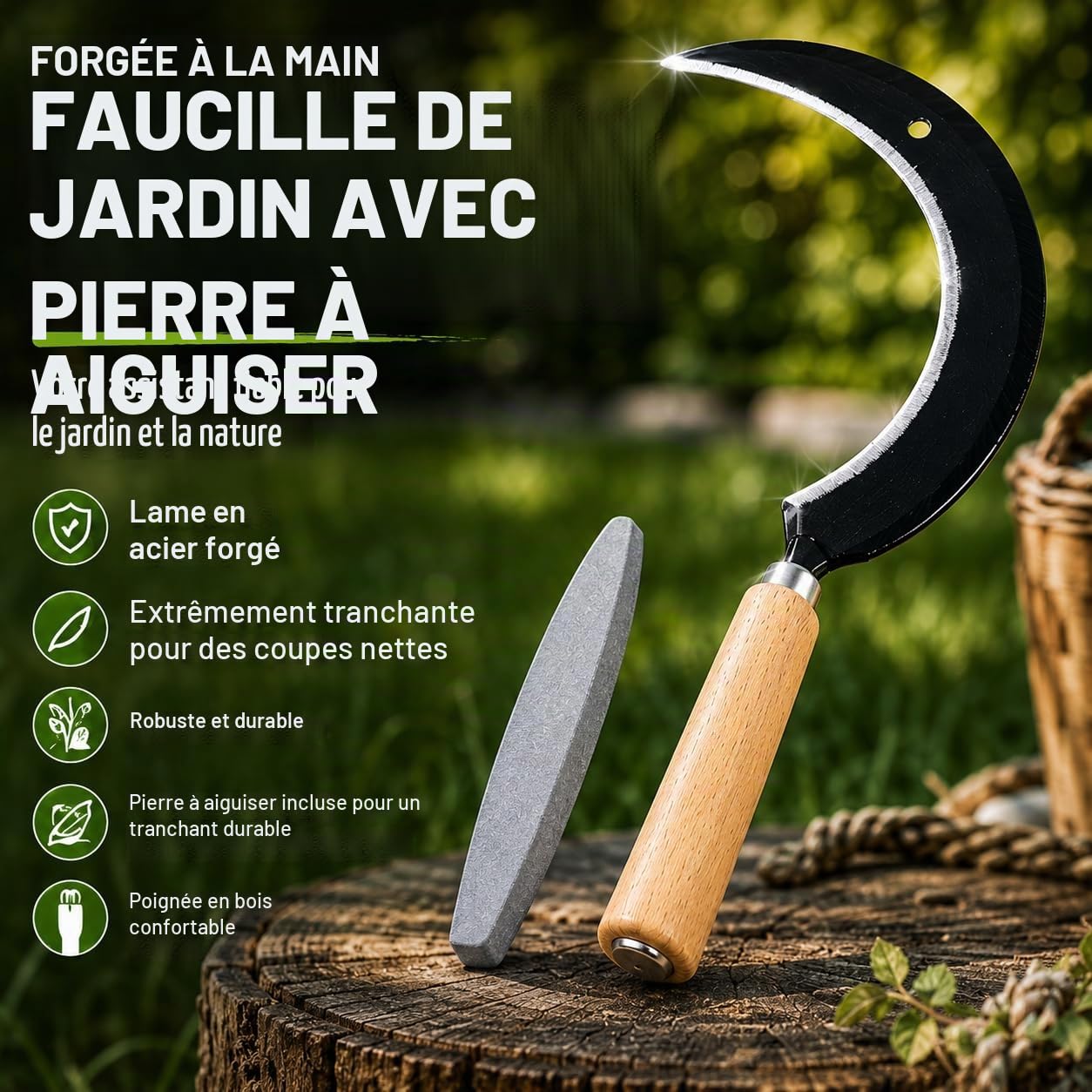 Set de faucilles de qualité supérieure avec pierre à aiguiser, faucille tranchante, faucilles à main 35 cm, petites faux, tondeuse, coupe-herbe, manche en bois, faucille forgée pour faucher
